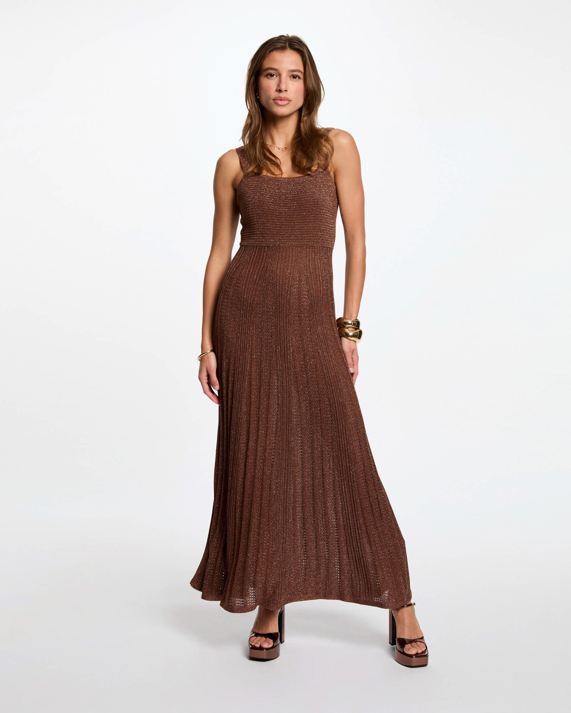 Vestido de Malha Comprido com Corte a Direito Castanho-4
