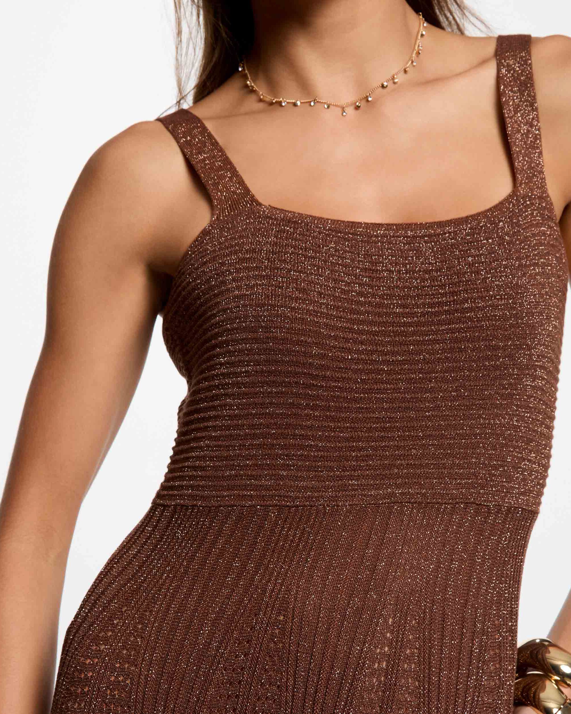 Vestido de Malha Comprido com Corte a Direito Castanho-5