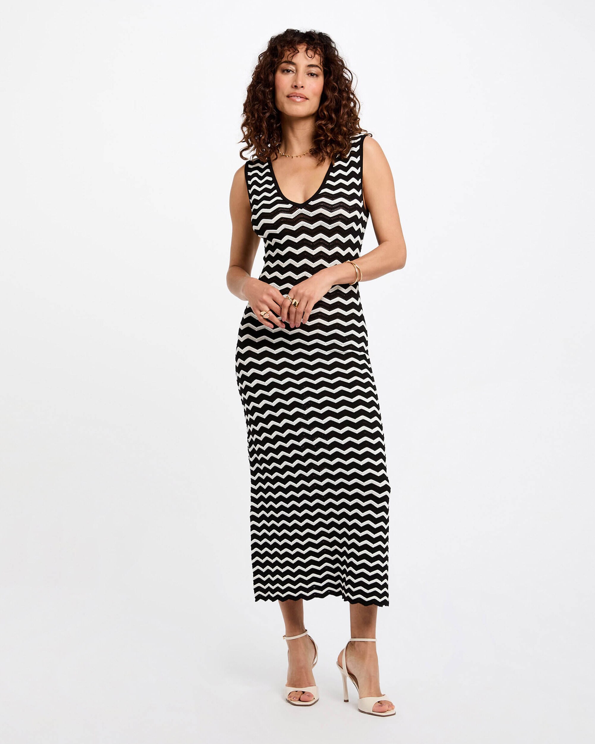 Vestido de Malha Comprido Ajustado Preto / Branco-1