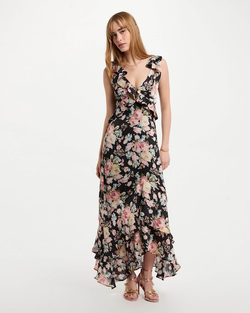 Imagem 0 de Vestido Comprido Estampado com Folhos