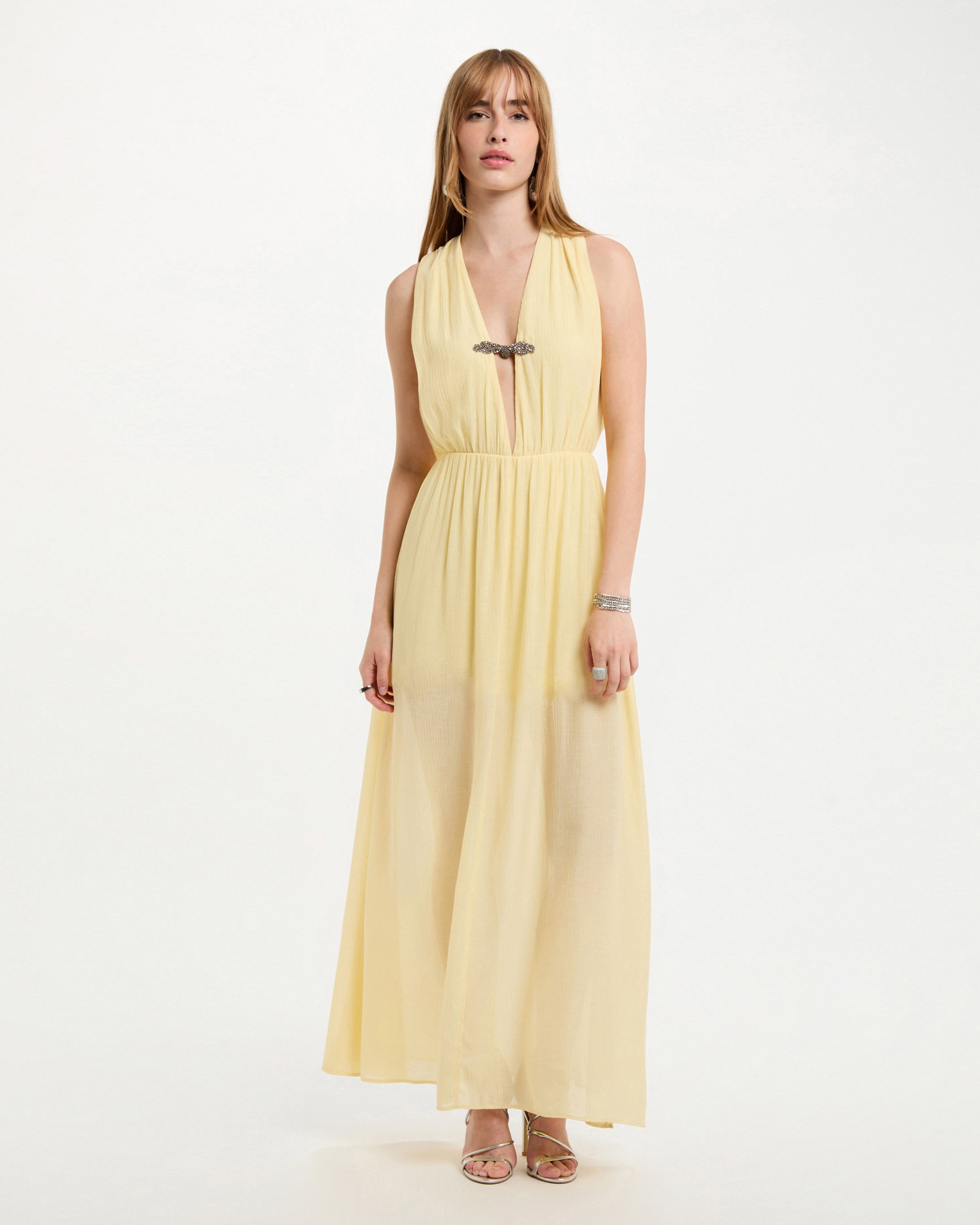 Vestido Comprido com Corte a Direito Amarelo-1