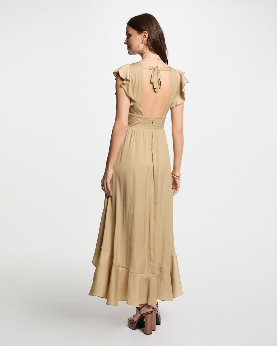 Vestido com Comprimento Assimétrico de Cetim Bege-2