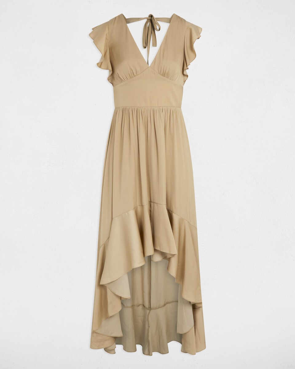 Vestido com Comprimento Assimétrico de Cetim Bege-3