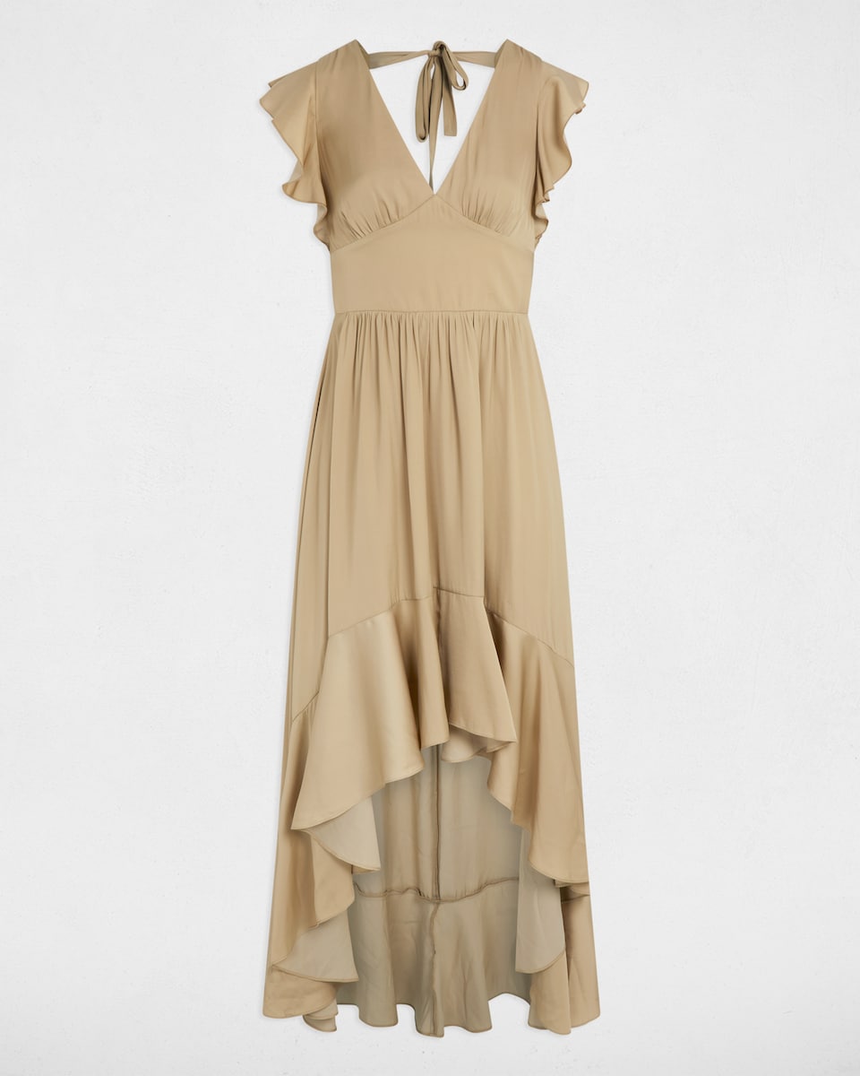 Vestido com Comprimento Assimétrico de Cetim Bege-3