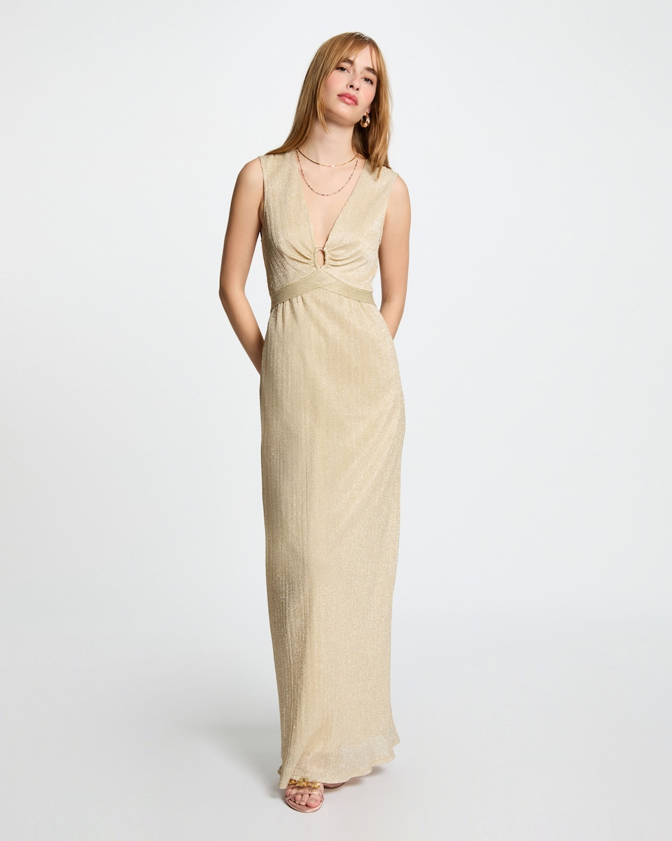 Vestido Comprido com Corte a Direito Ouro-4