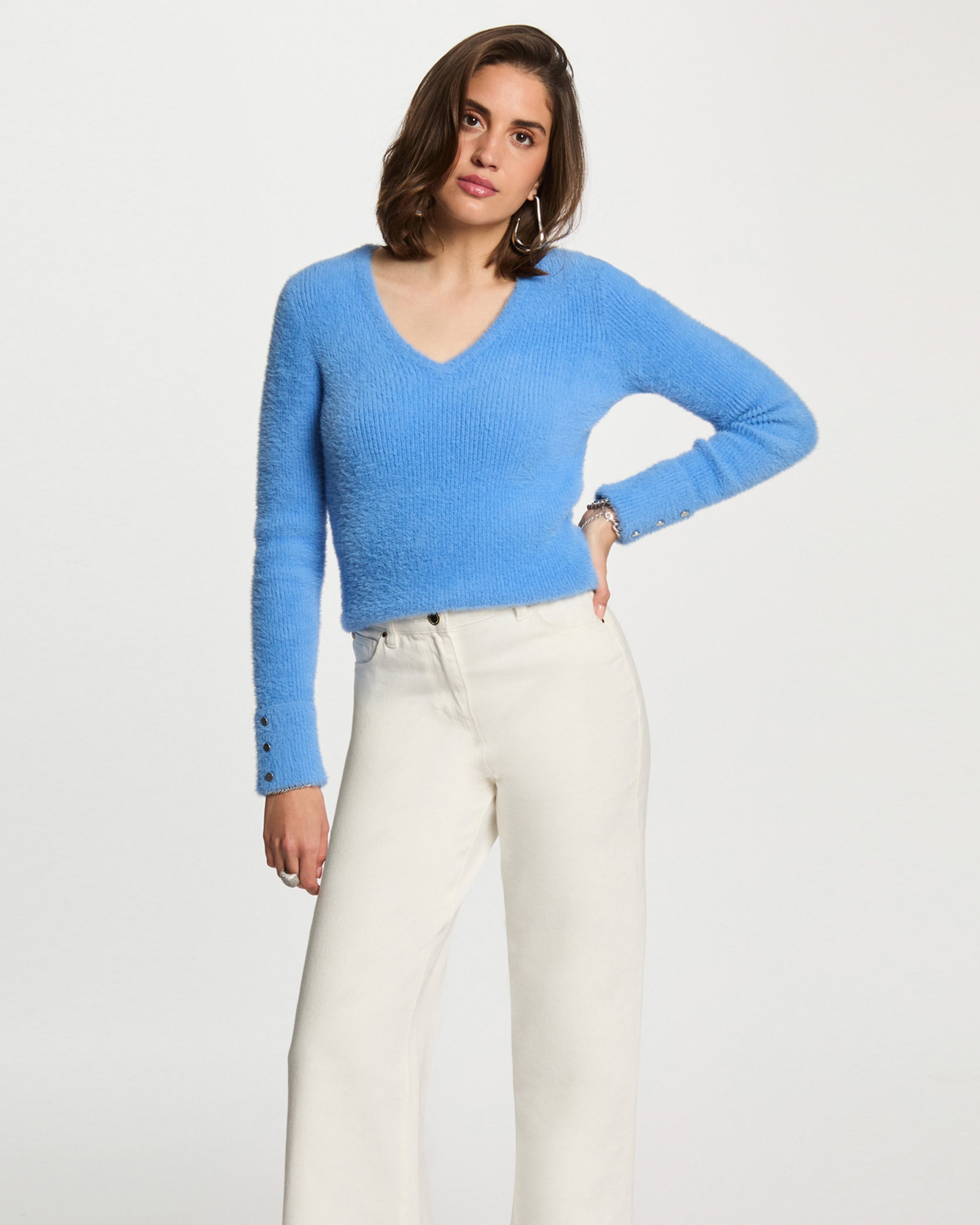 Camisola de Manga Comprida de Malha Aveludada Azul-celeste-1
