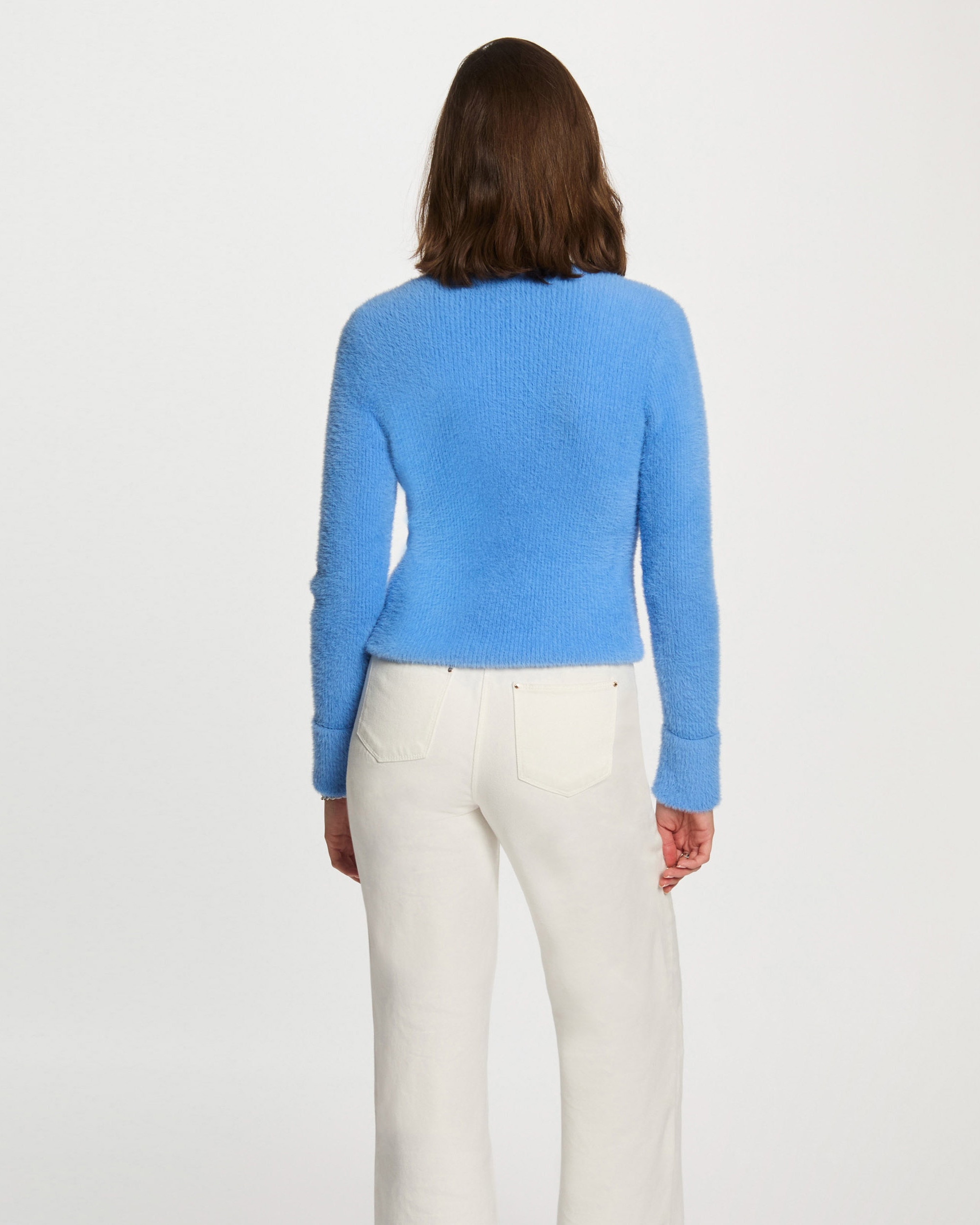 Camisola de Manga Comprida de Malha Aveludada Azul-celeste-3