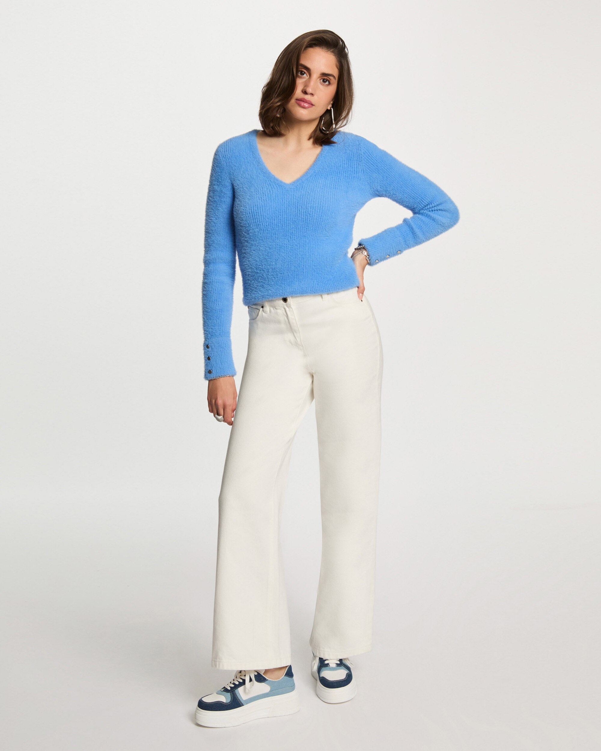 Camisola de Manga Comprida de Malha Aveludada Azul-celeste-4