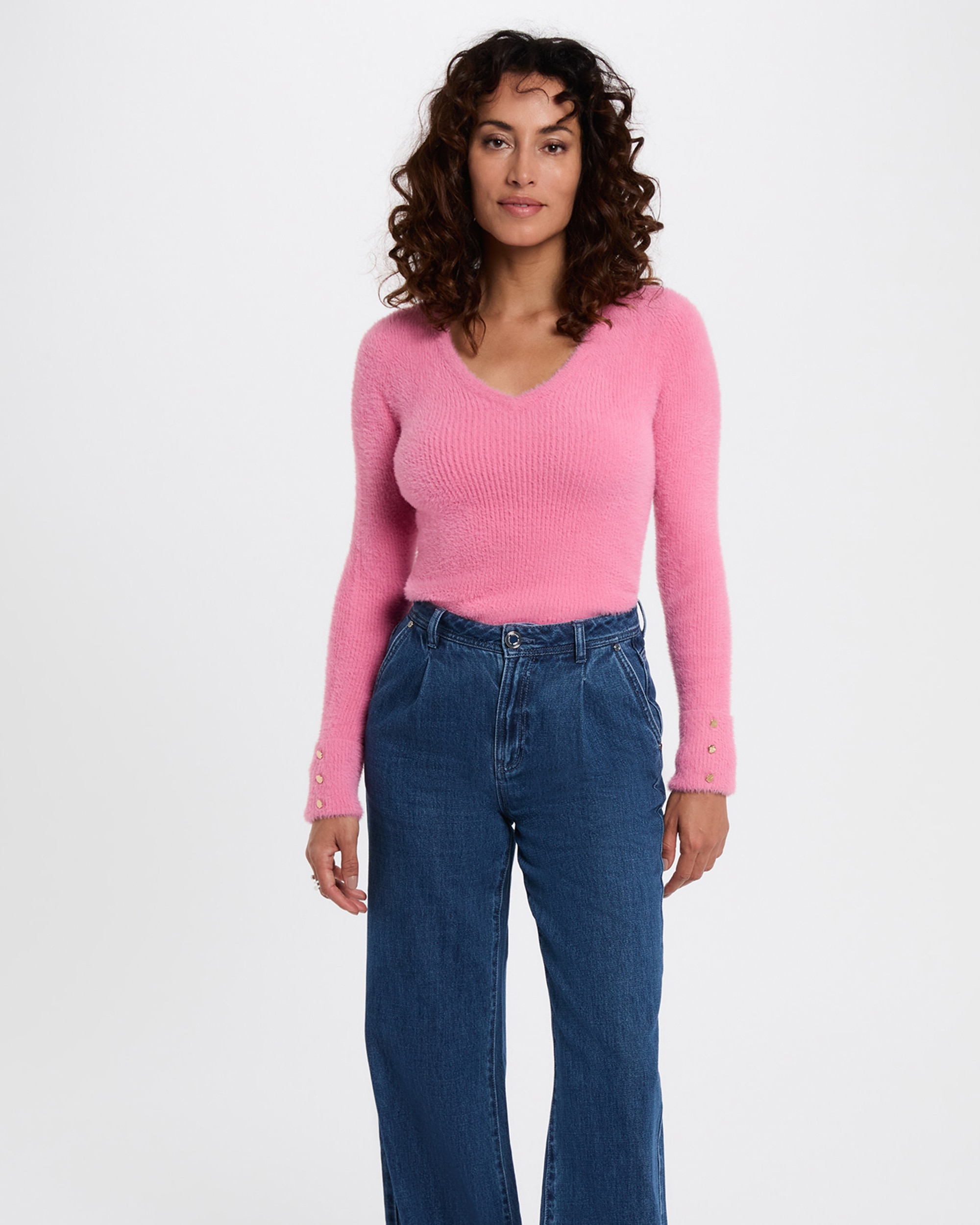 Camisola de Manga Comprida de Malha Aveludada Rosa-1