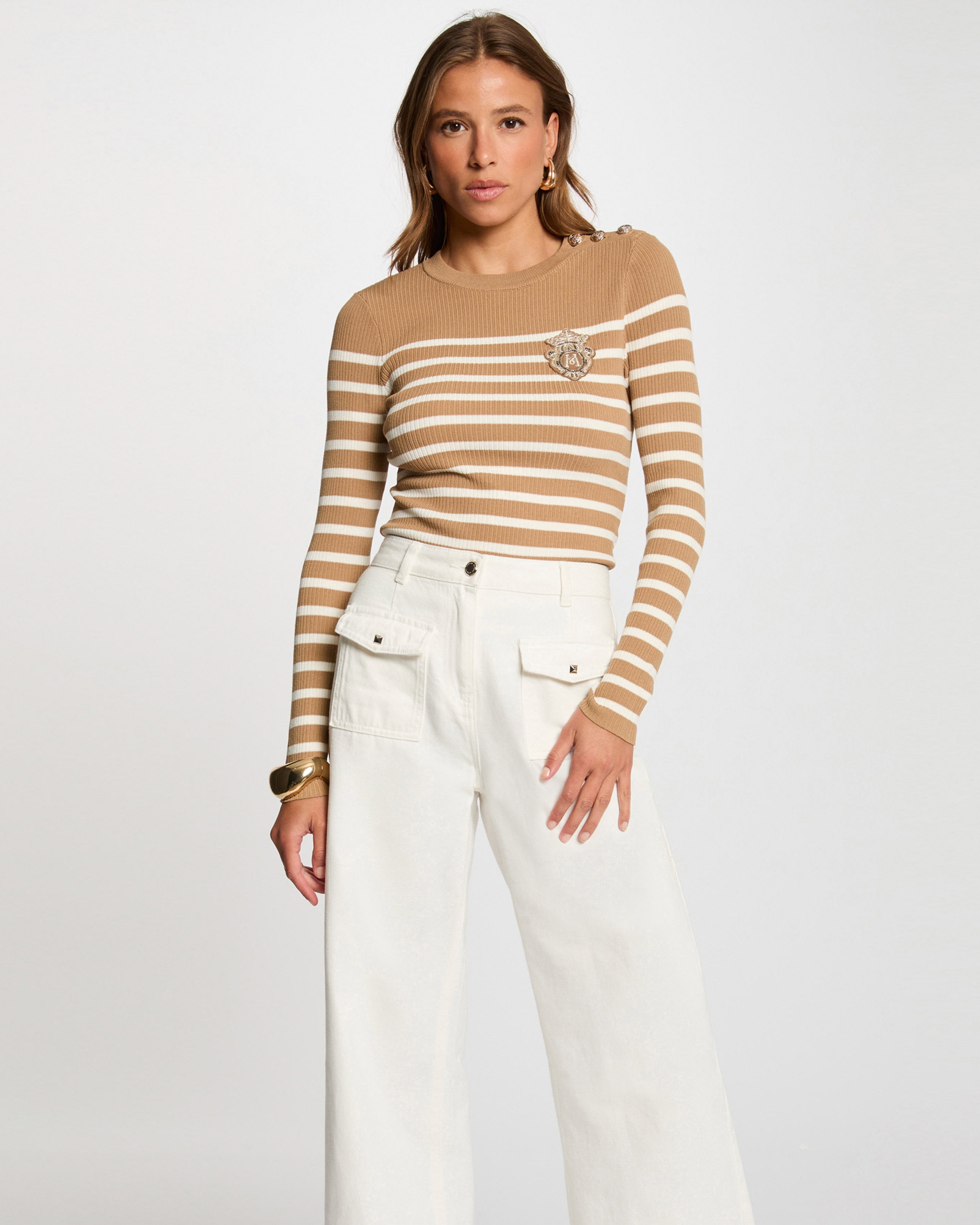 Camisola de Manga Comprida Às Riscas Bege / Branco-1
