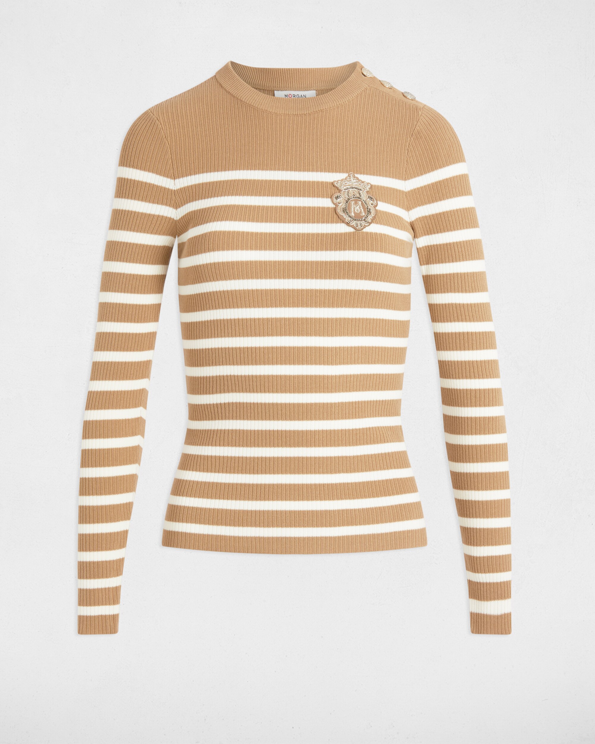 Camisola de Manga Comprida Às Riscas Bege / Branco-2