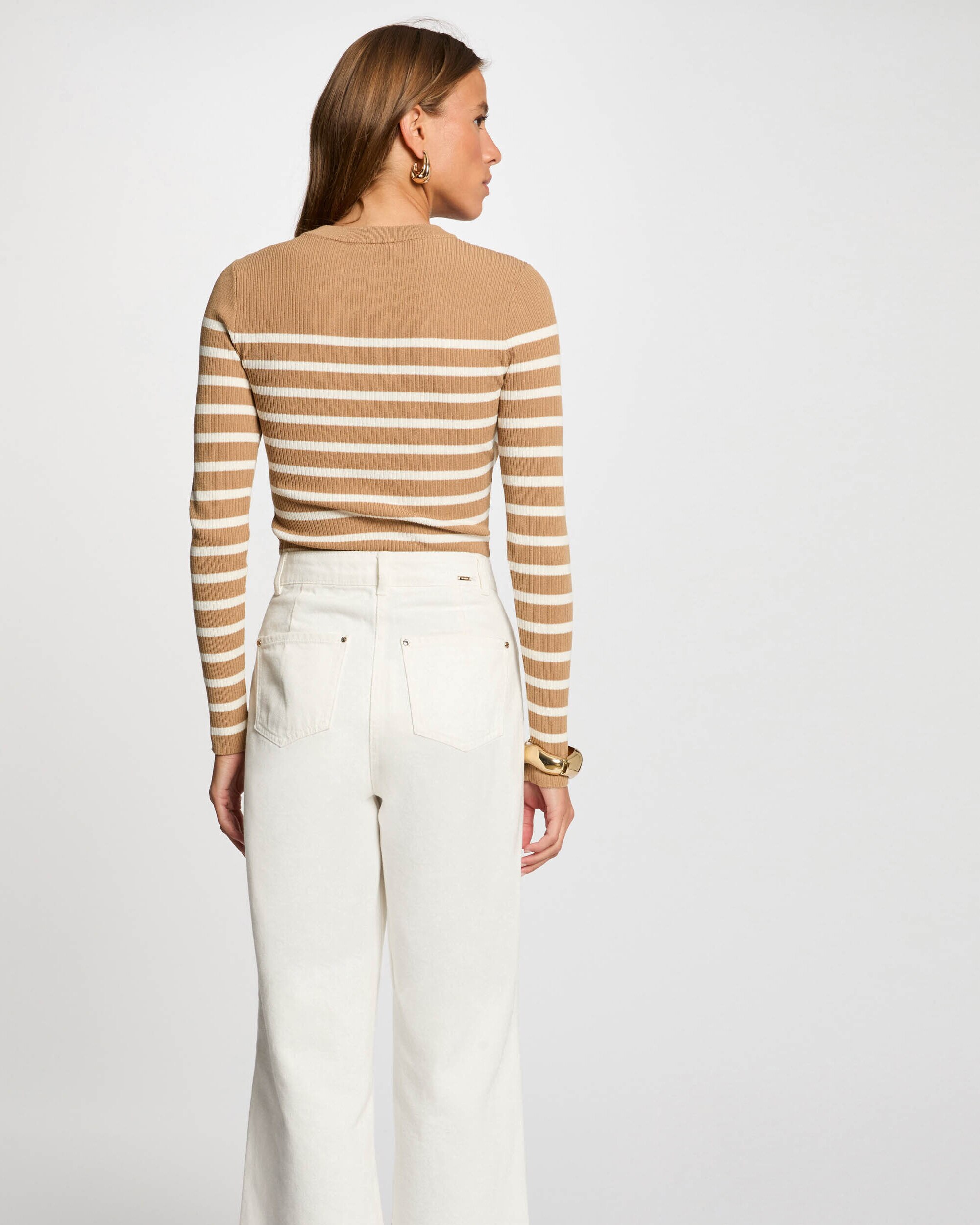 Camisola de Manga Comprida Às Riscas Bege / Branco-3