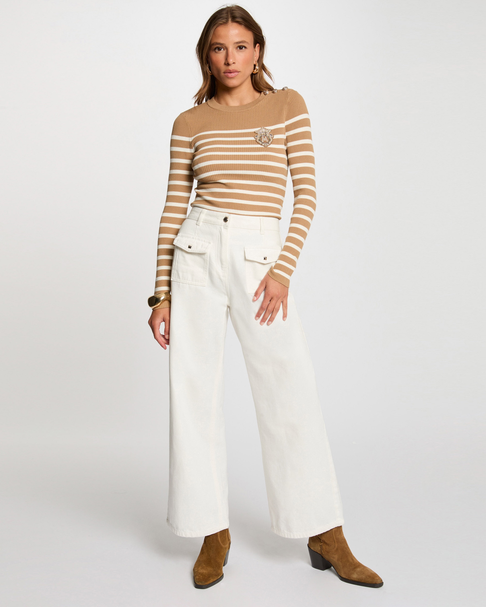 Camisola de Manga Comprida Às Riscas Bege / Branco-4