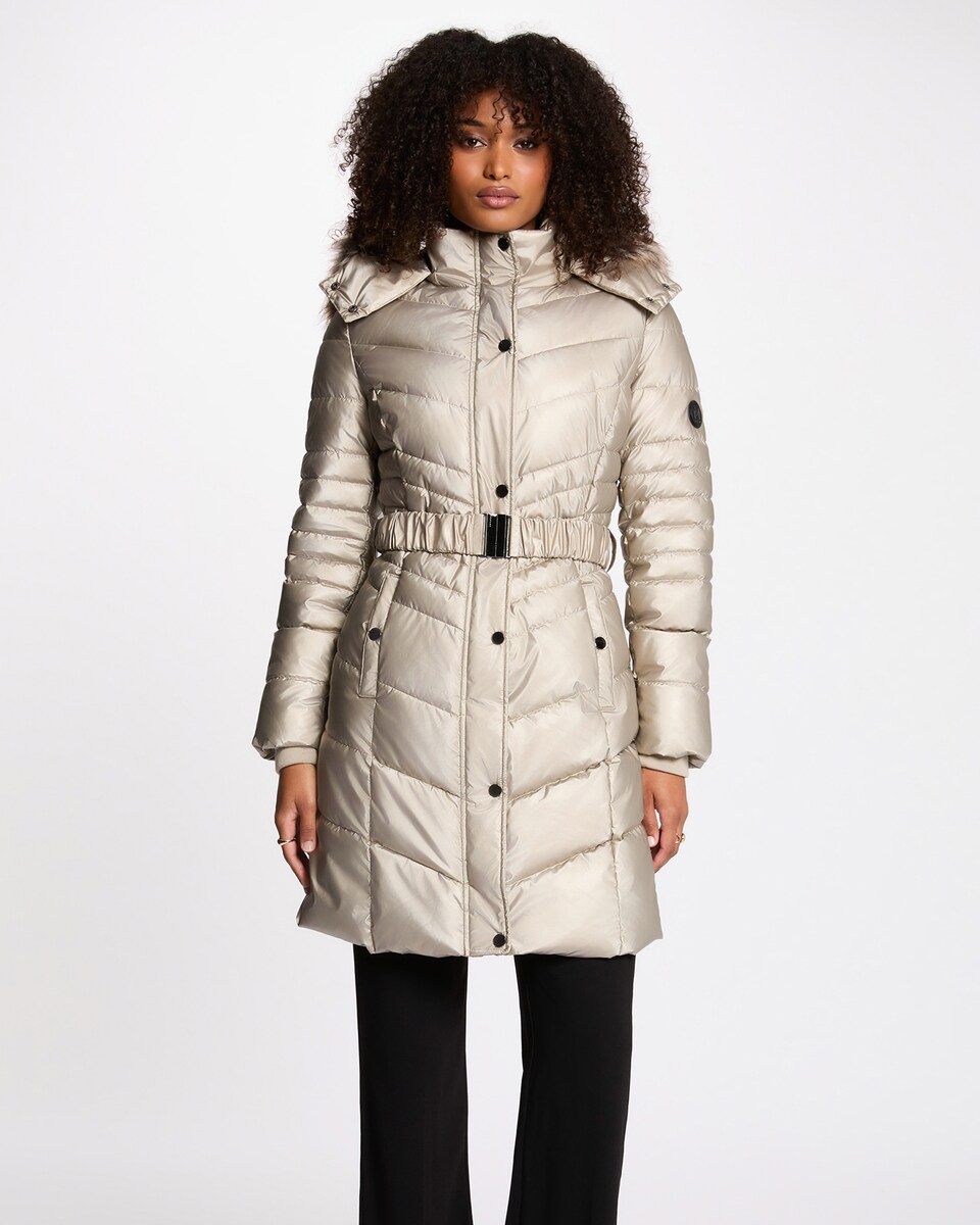 Plumífero Ajustado de Comprimento Médio Bege-1