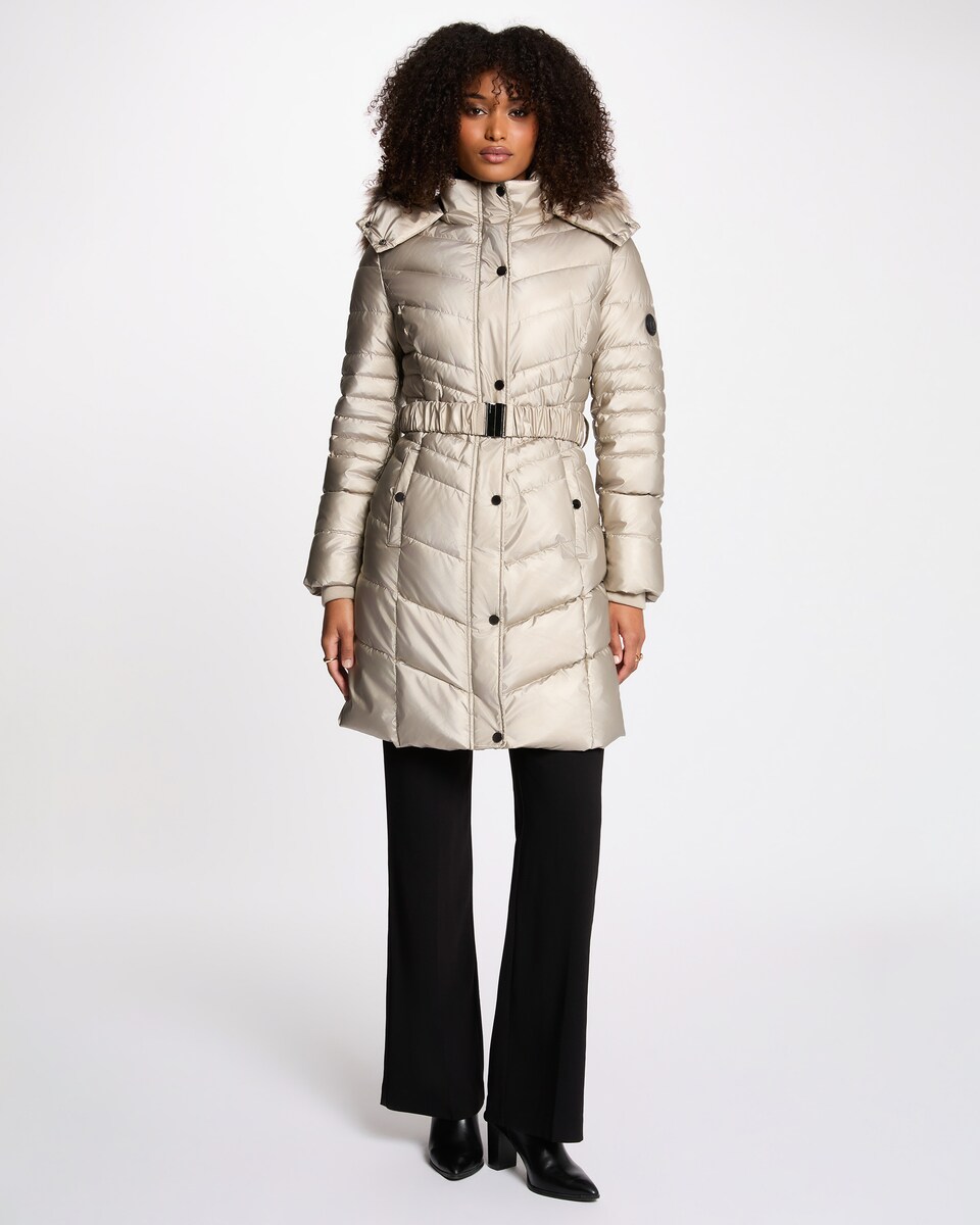 Plumífero Ajustado de Comprimento Médio Bege-4