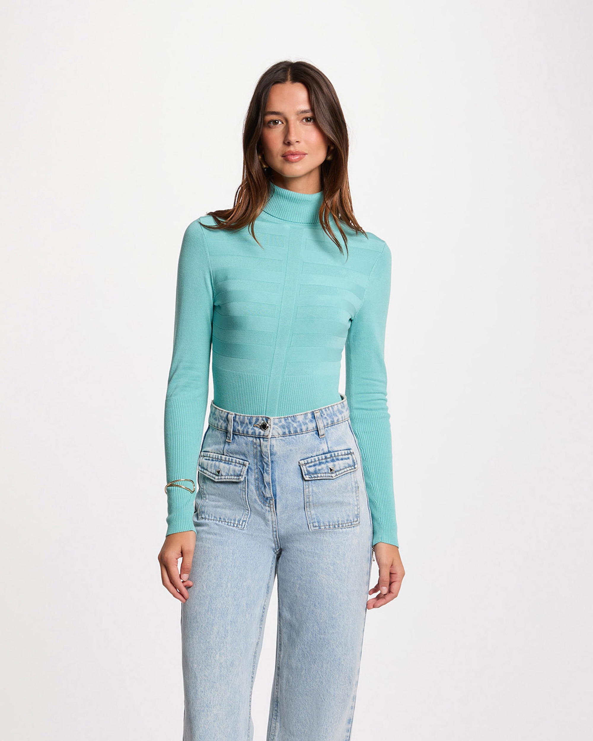 Camisola de Gola Alta Ajustada Turquesa-1