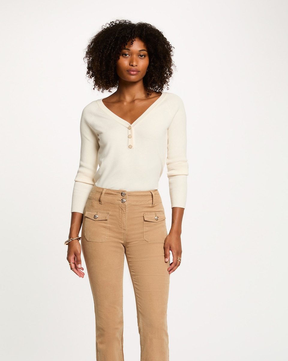 Camisola Ajustada com Gola em V Bege-1