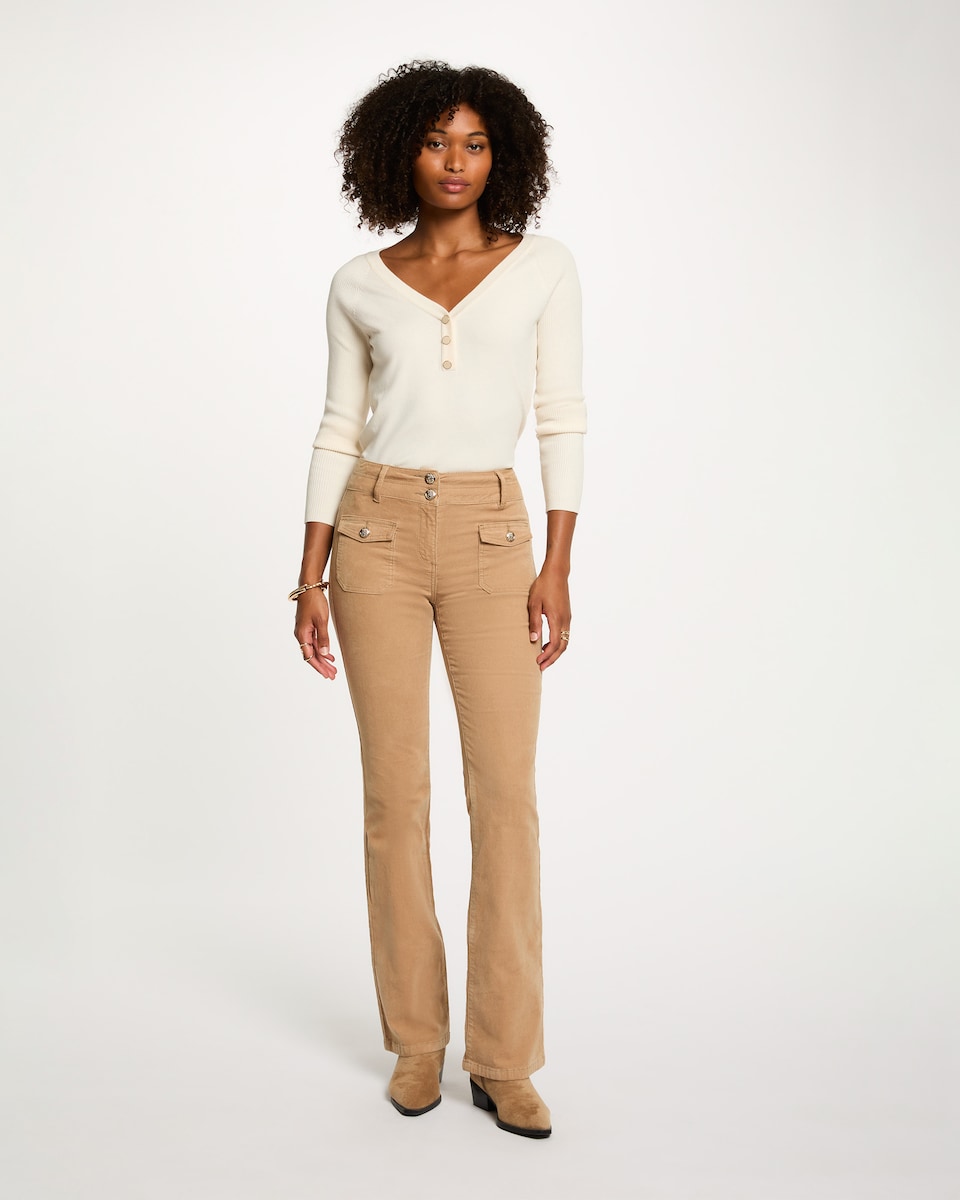 Camisola Ajustada com Gola em V Bege-4