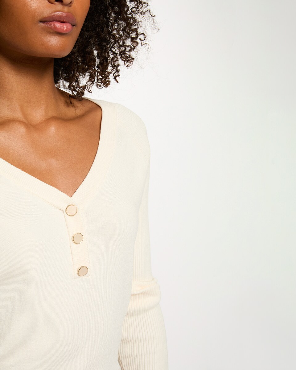 Camisola Ajustada com Gola em V Bege-5