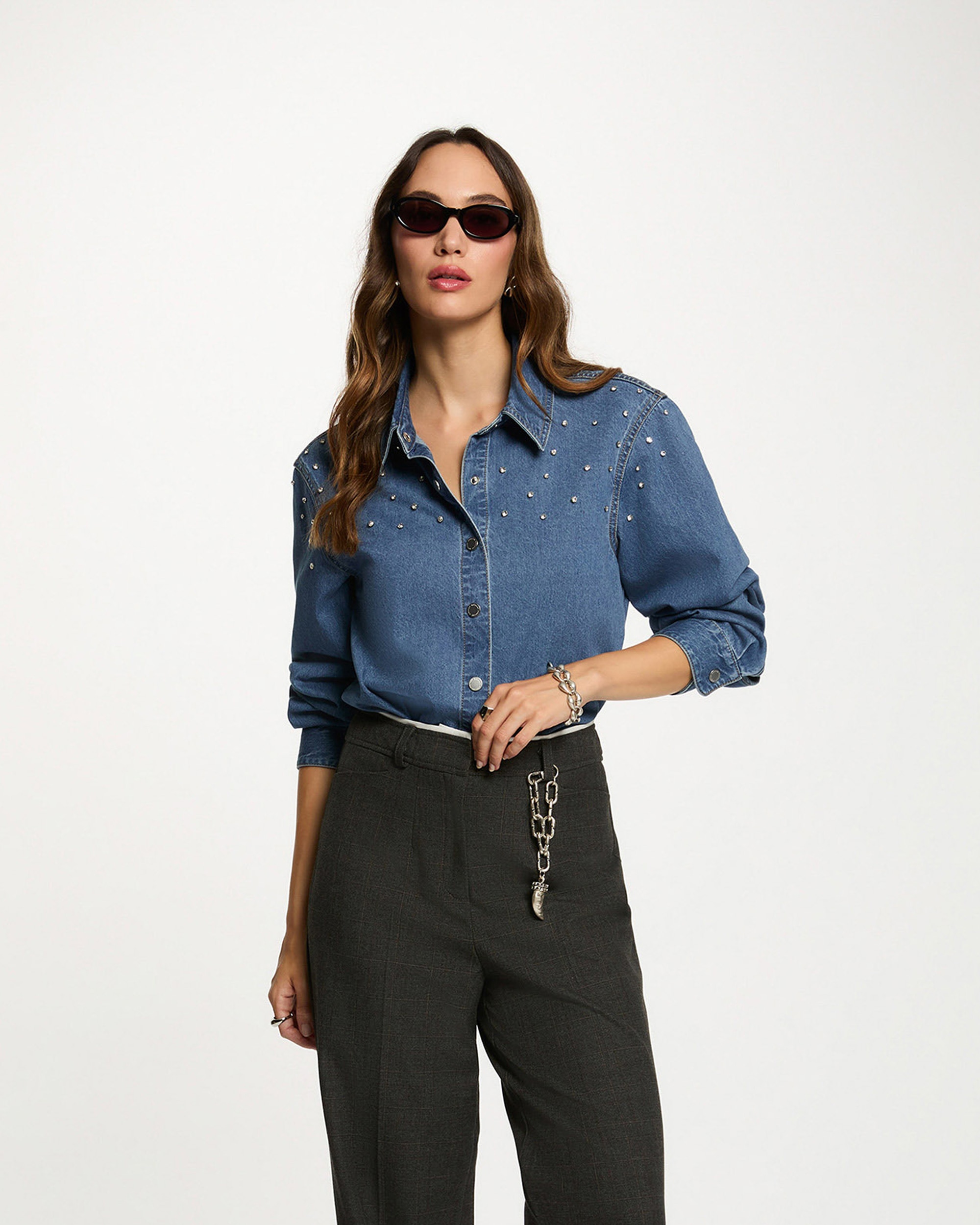 Camisa Curta com Cabujões Azul-1