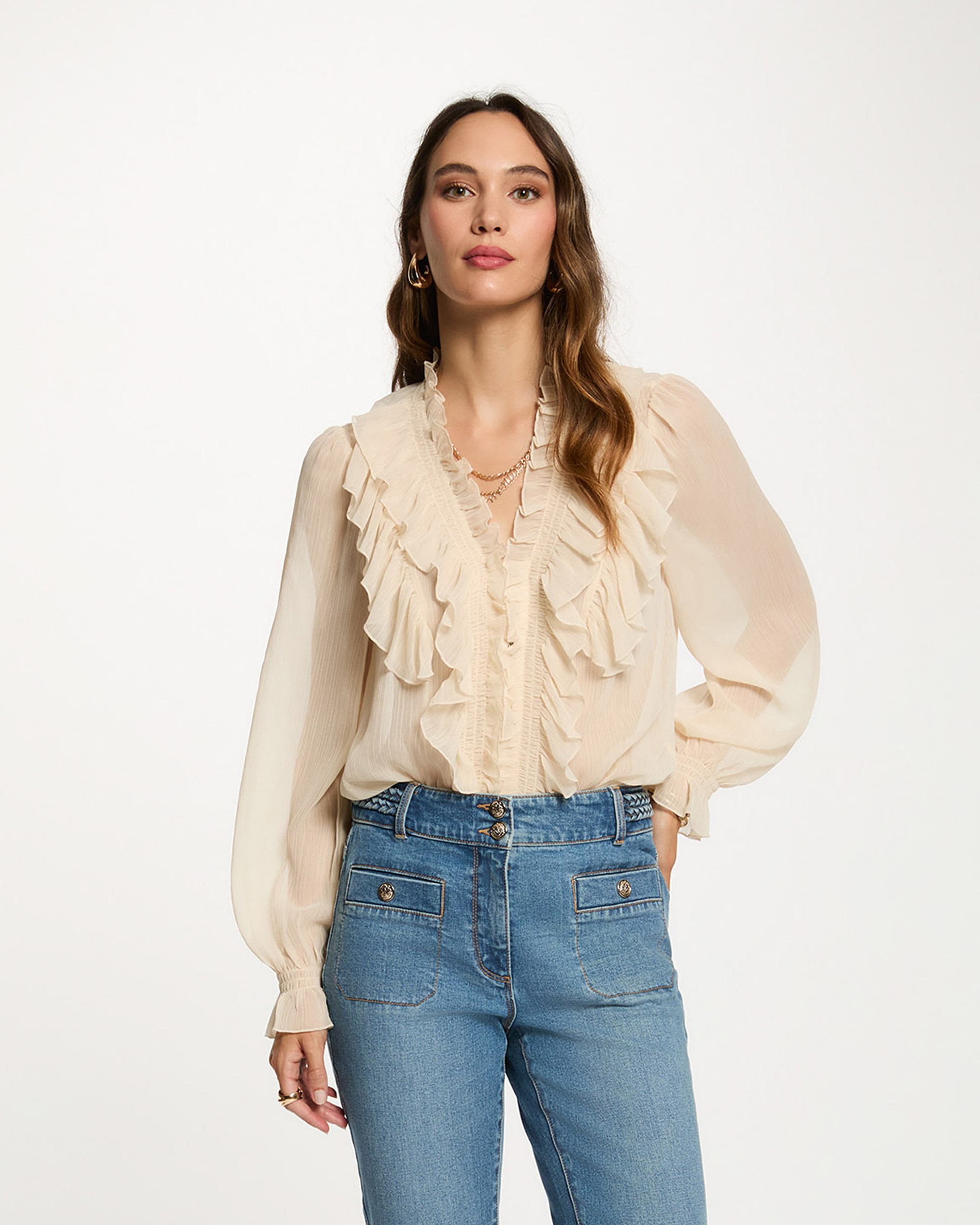 Camisa Fluida com Gola em V Bege-1