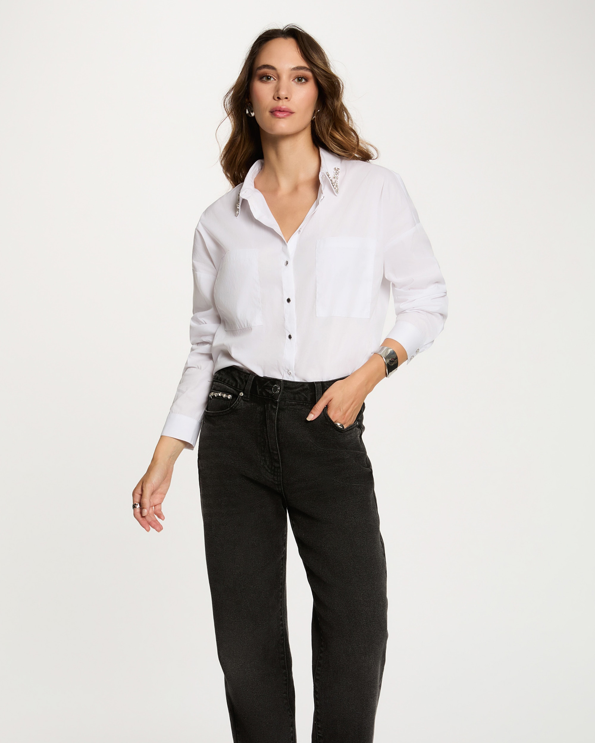 Camisa Oversize com Strass Branco-1