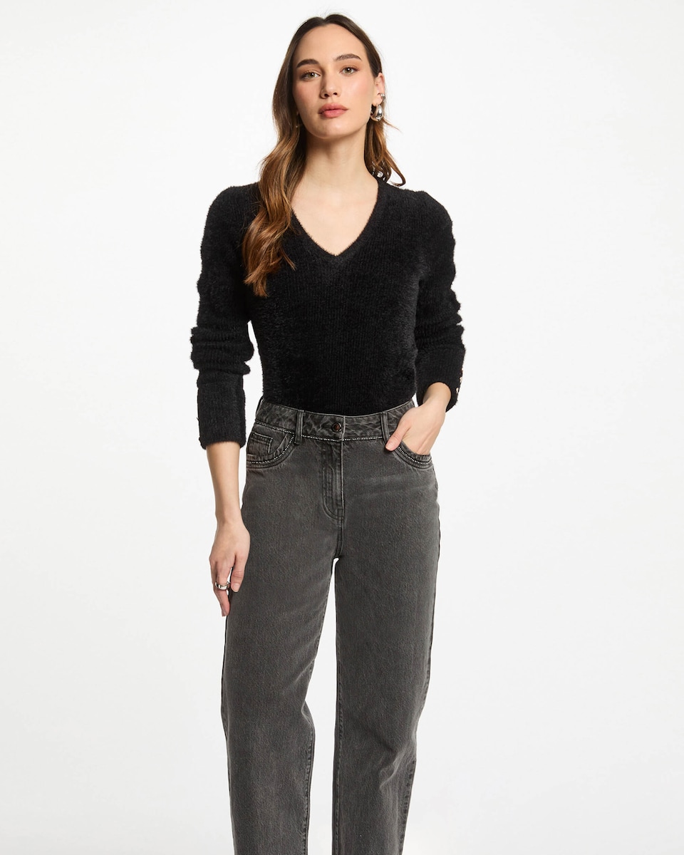 Camisola de Manga Comprida de Malha Aveludada Preto-1