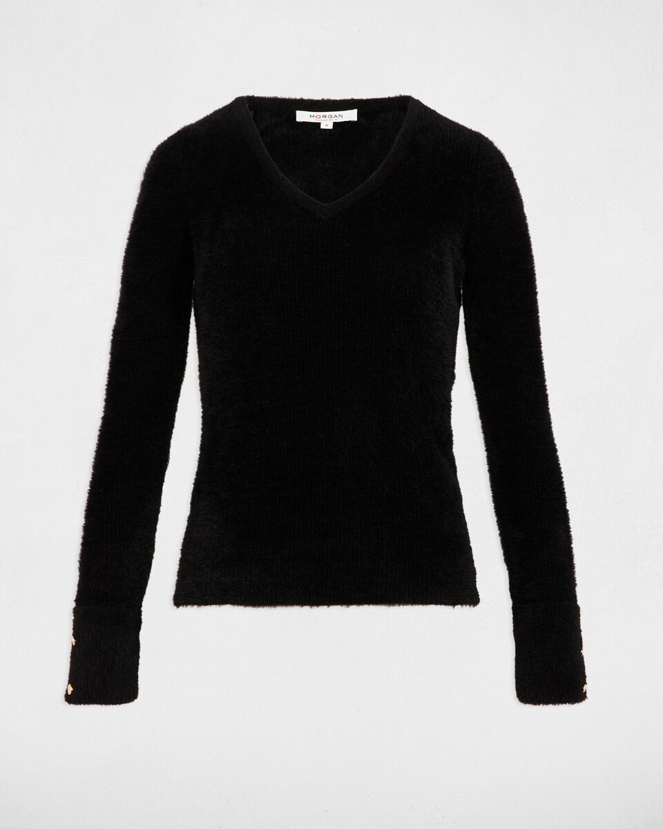 Camisola de Manga Comprida de Malha Aveludada Preto-2