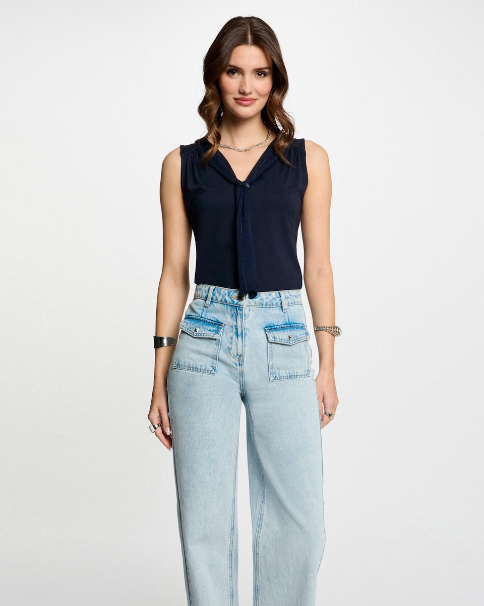 Top com Decote em V sem Mangas Azul-escuro-1