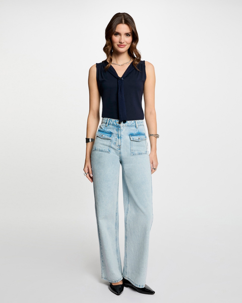 Top com Decote em V sem Mangas Azul-escuro-4