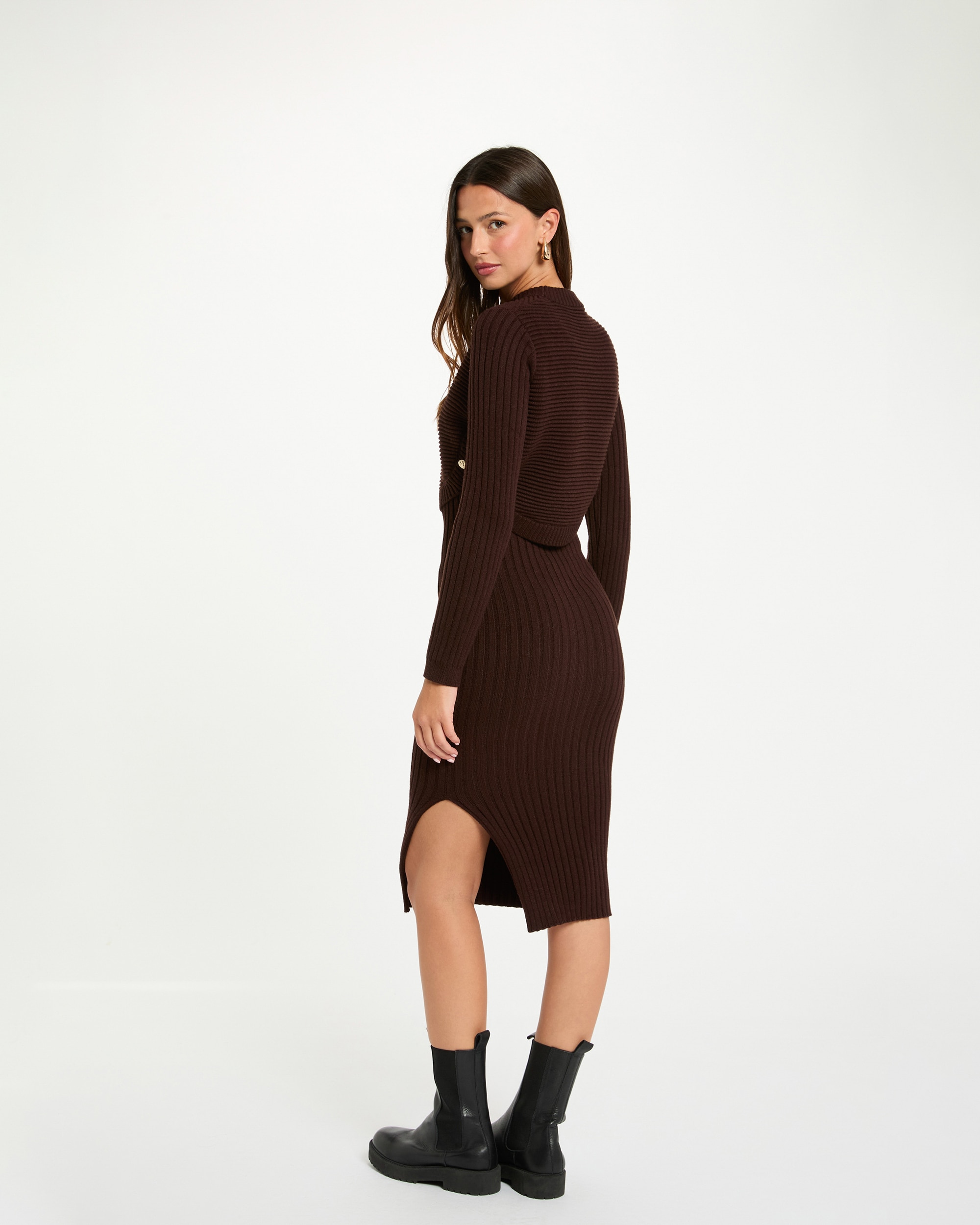 Vestido 3/4 Ajustado Castanho-3