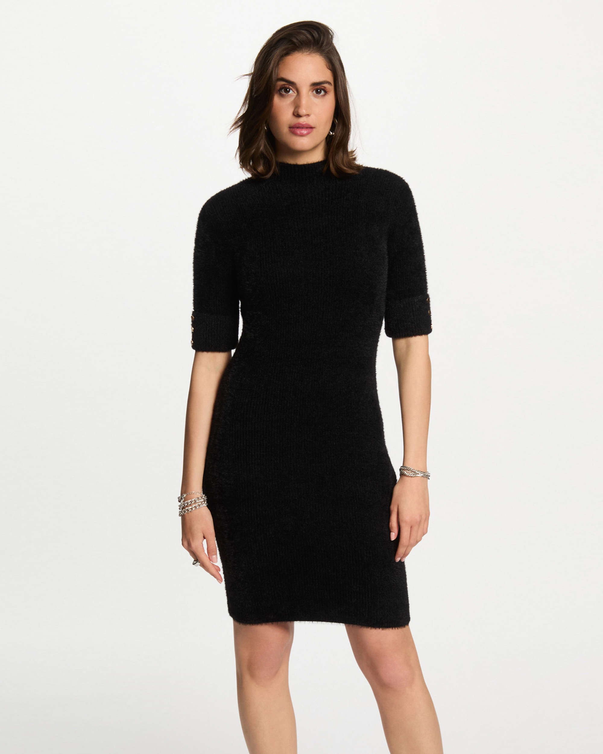 Vestido de Malha Ajustado de Manga Curta Preto-1