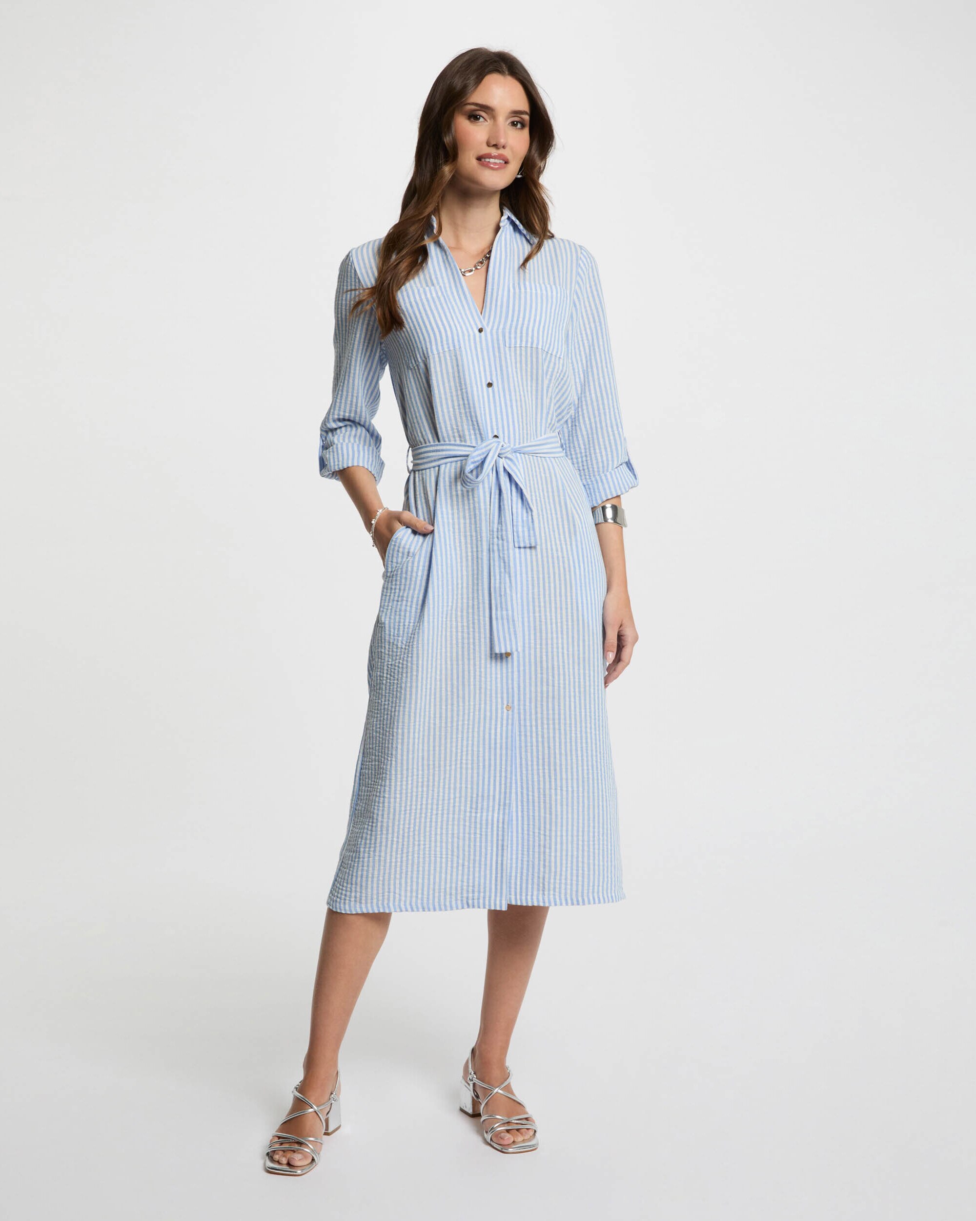 Vestido Tipo Camisa Às Riscas Azul / Branco-4