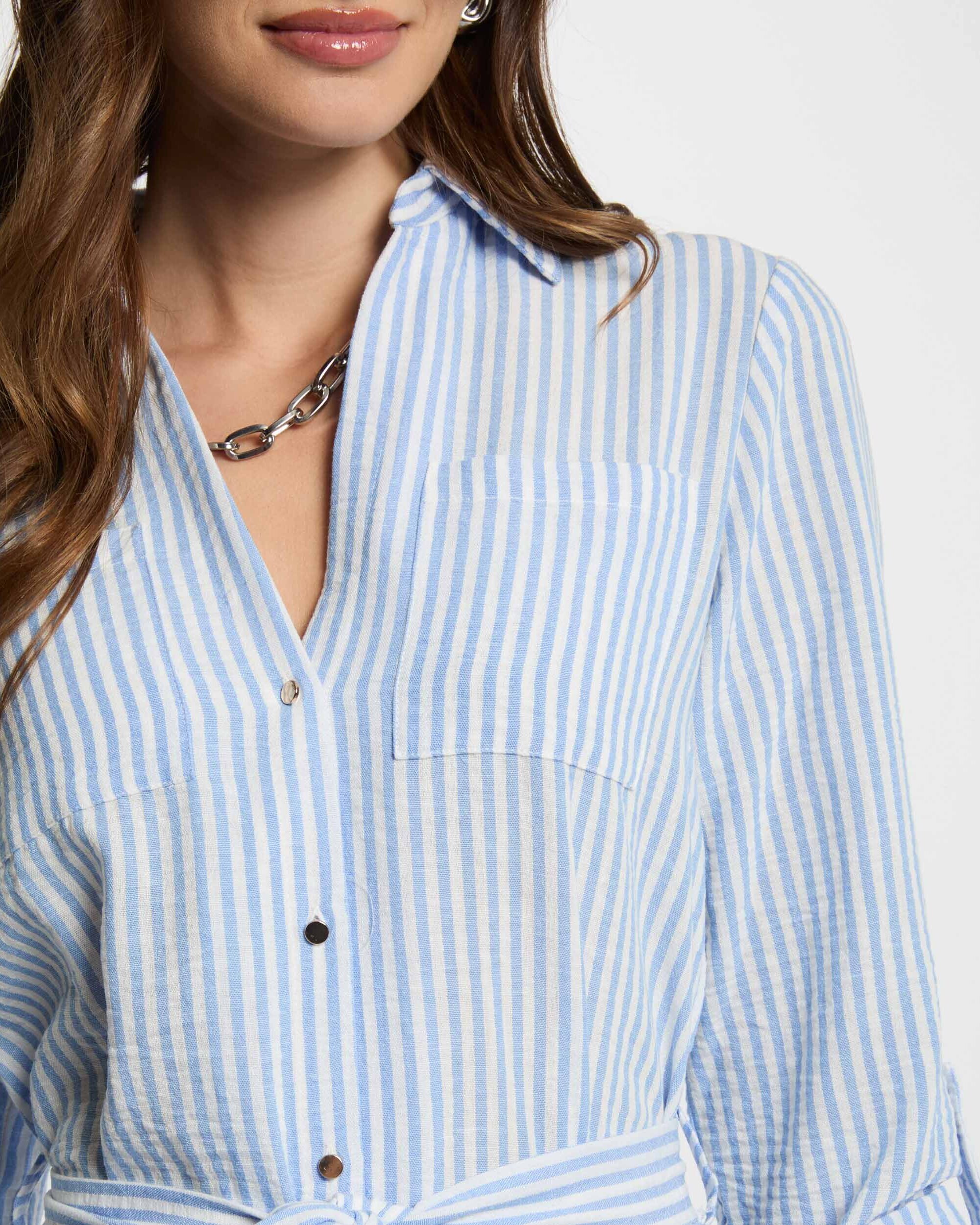Vestido Tipo Camisa Às Riscas Azul / Branco-5
