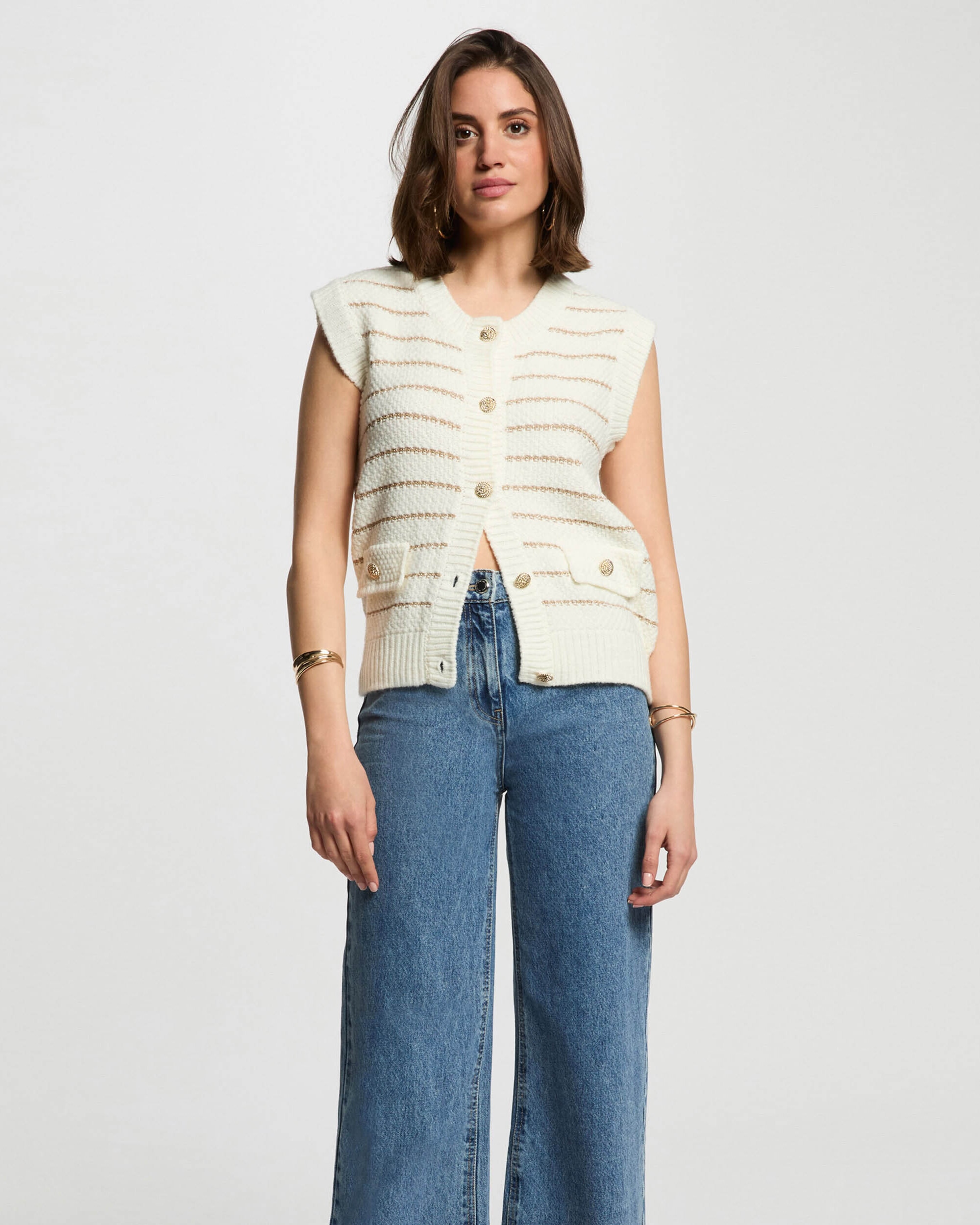 Cardigan sem Mangas Às Riscas Creme-1