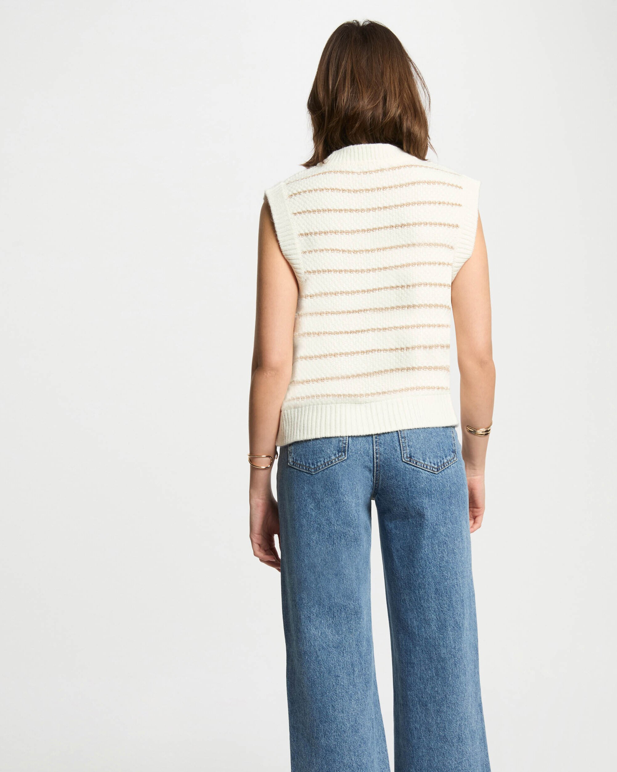 Cardigan sem Mangas Às Riscas Creme-2