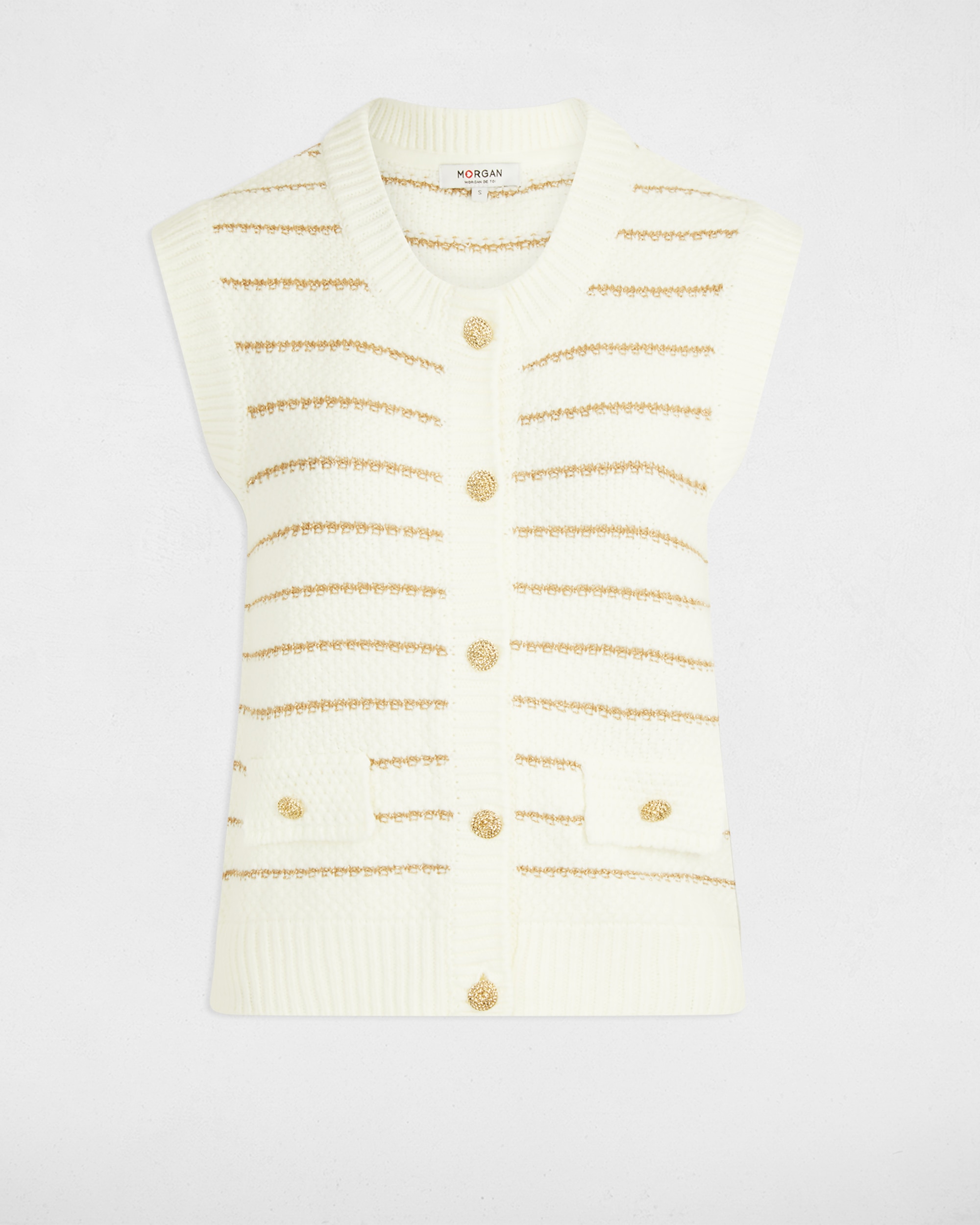 Cardigan sem Mangas Às Riscas Creme-3