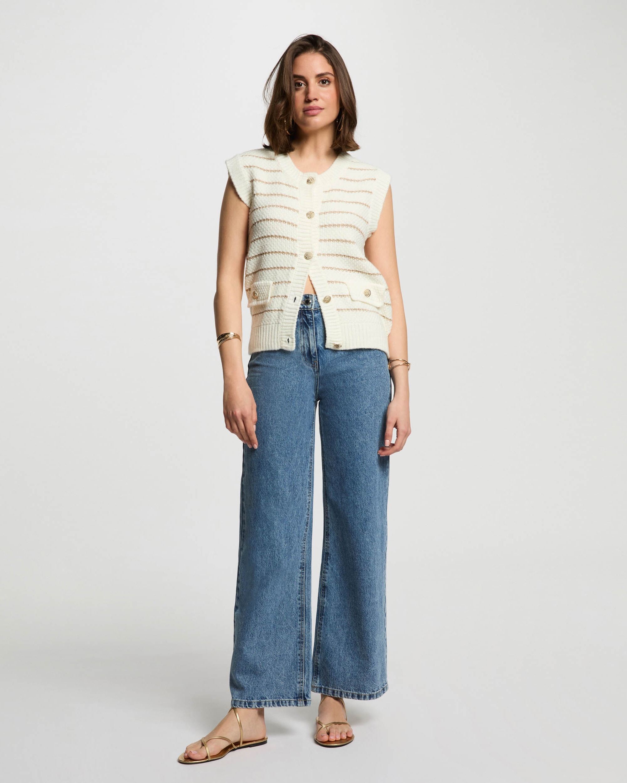 Cardigan sem Mangas Às Riscas Creme-4