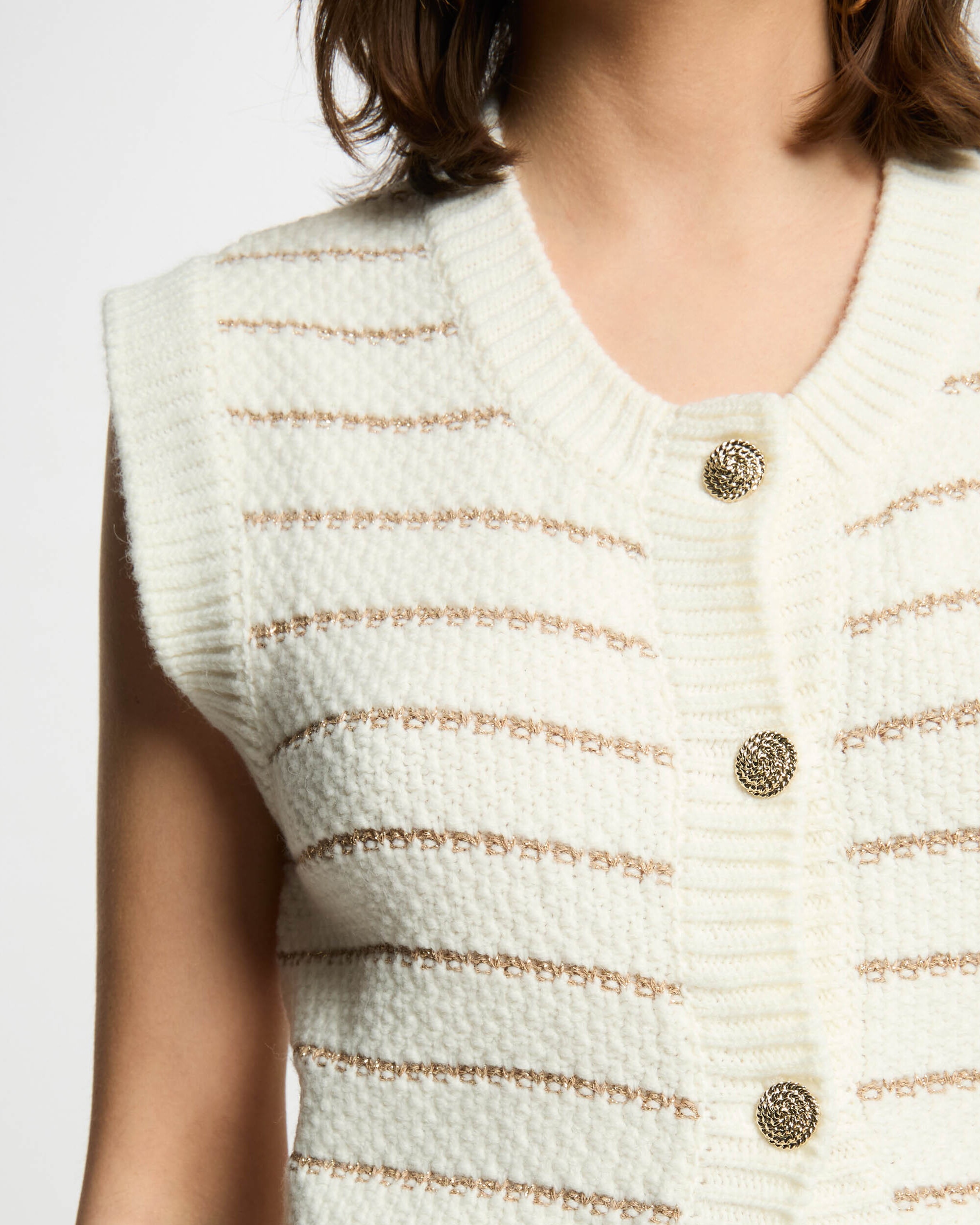 Cardigan sem Mangas Às Riscas Creme-5