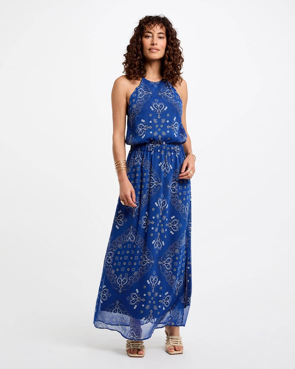 Vestido Comprido com Corte a Direito Estampado Azul-1