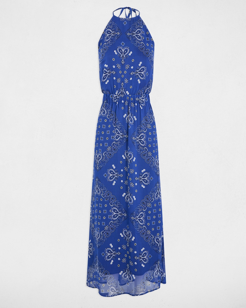 Vestido Comprido com Corte a Direito Estampado Azul-2