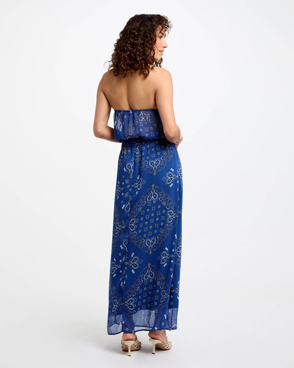 Vestido Comprido com Corte a Direito Estampado Azul-3