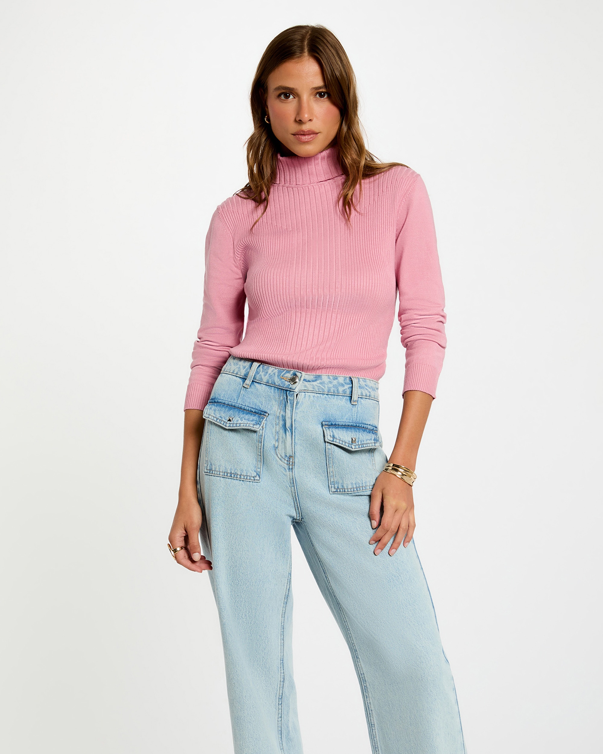 Camisola Ajustada de Gola Alta Rosa-1