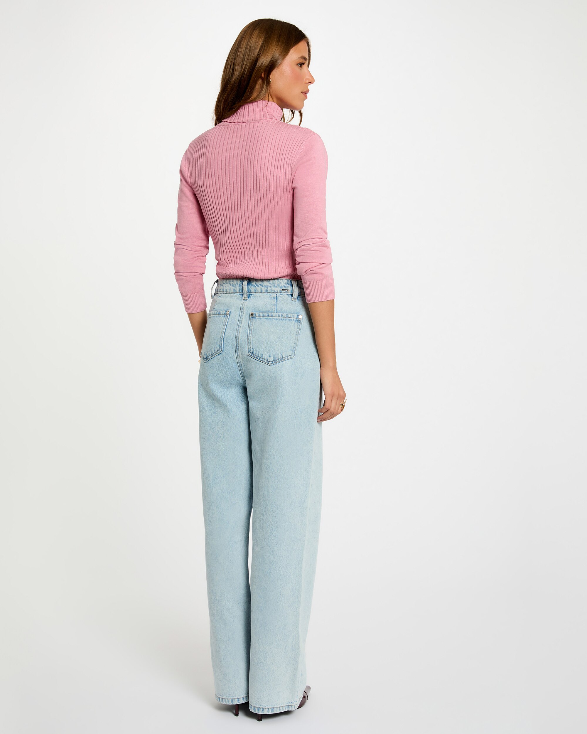 Camisola Ajustada de Gola Alta Rosa-3