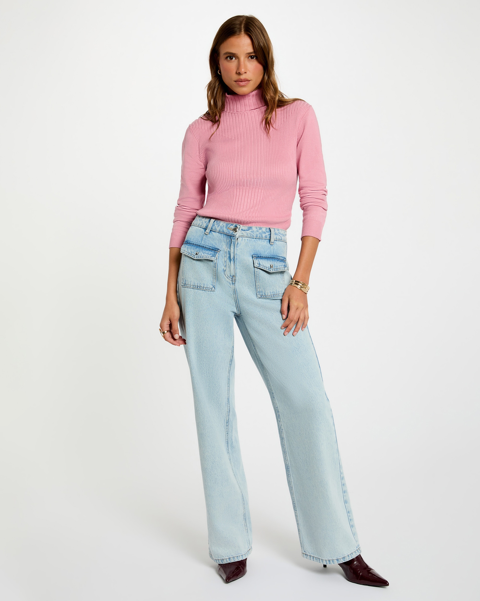 Camisola Ajustada de Gola Alta Rosa-4