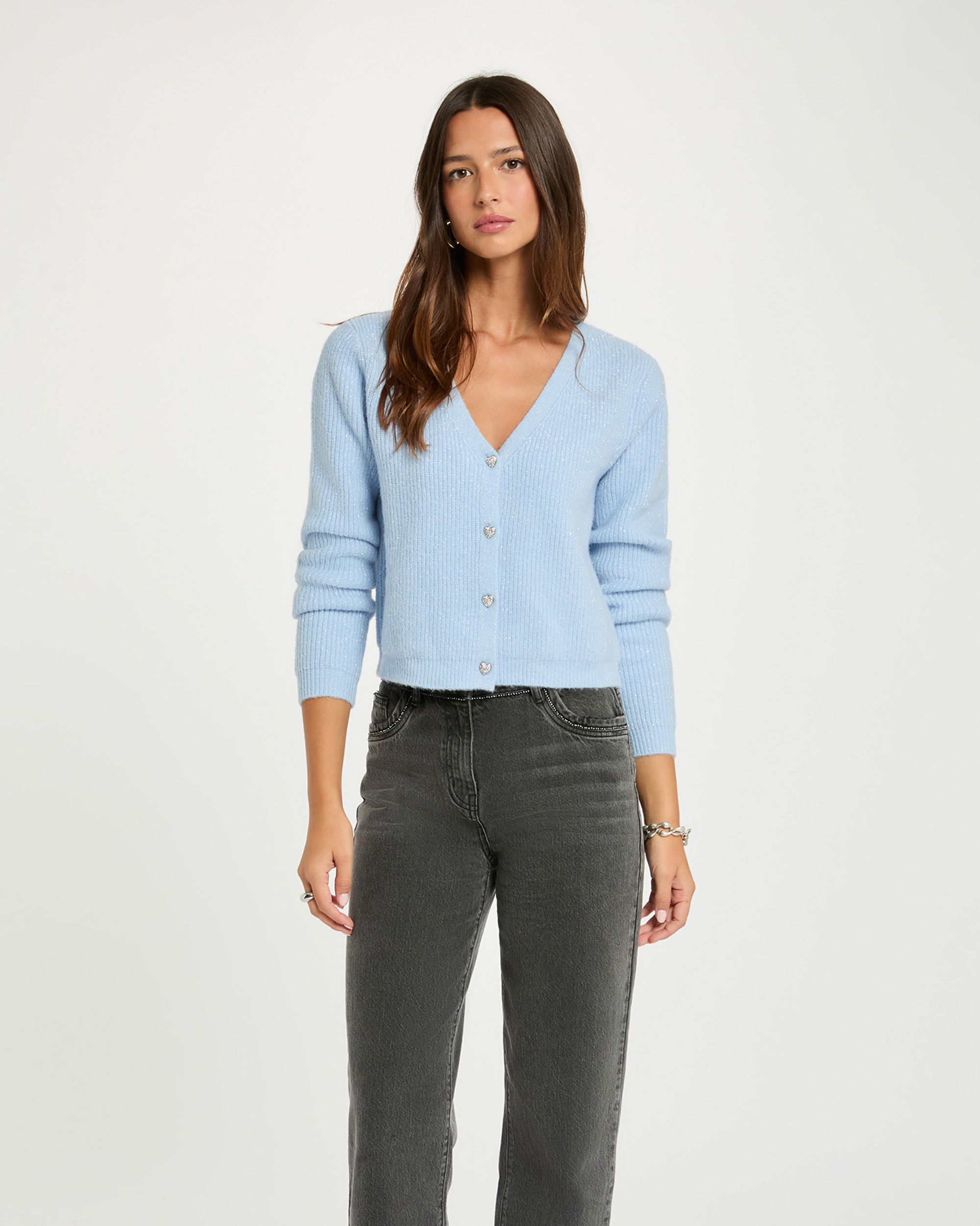 Cardigan com Decote em V Azul-celeste-1