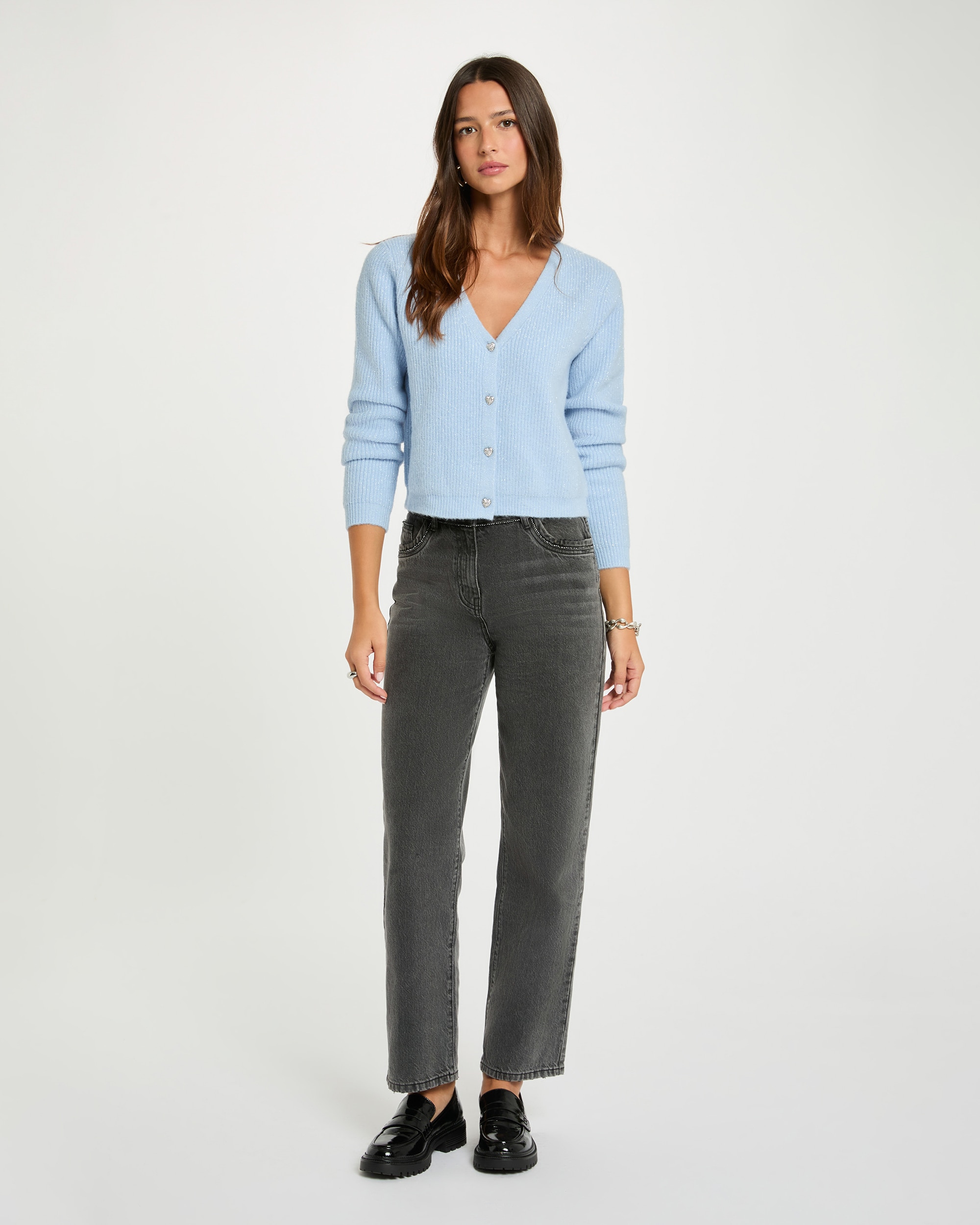 Cardigan com Decote em V Azul-celeste-4
