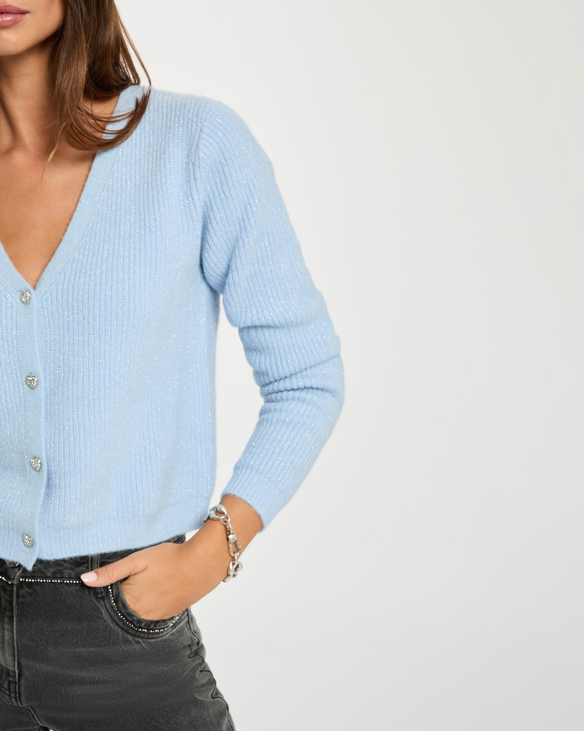 Cardigan com Decote em V Azul-celeste-5