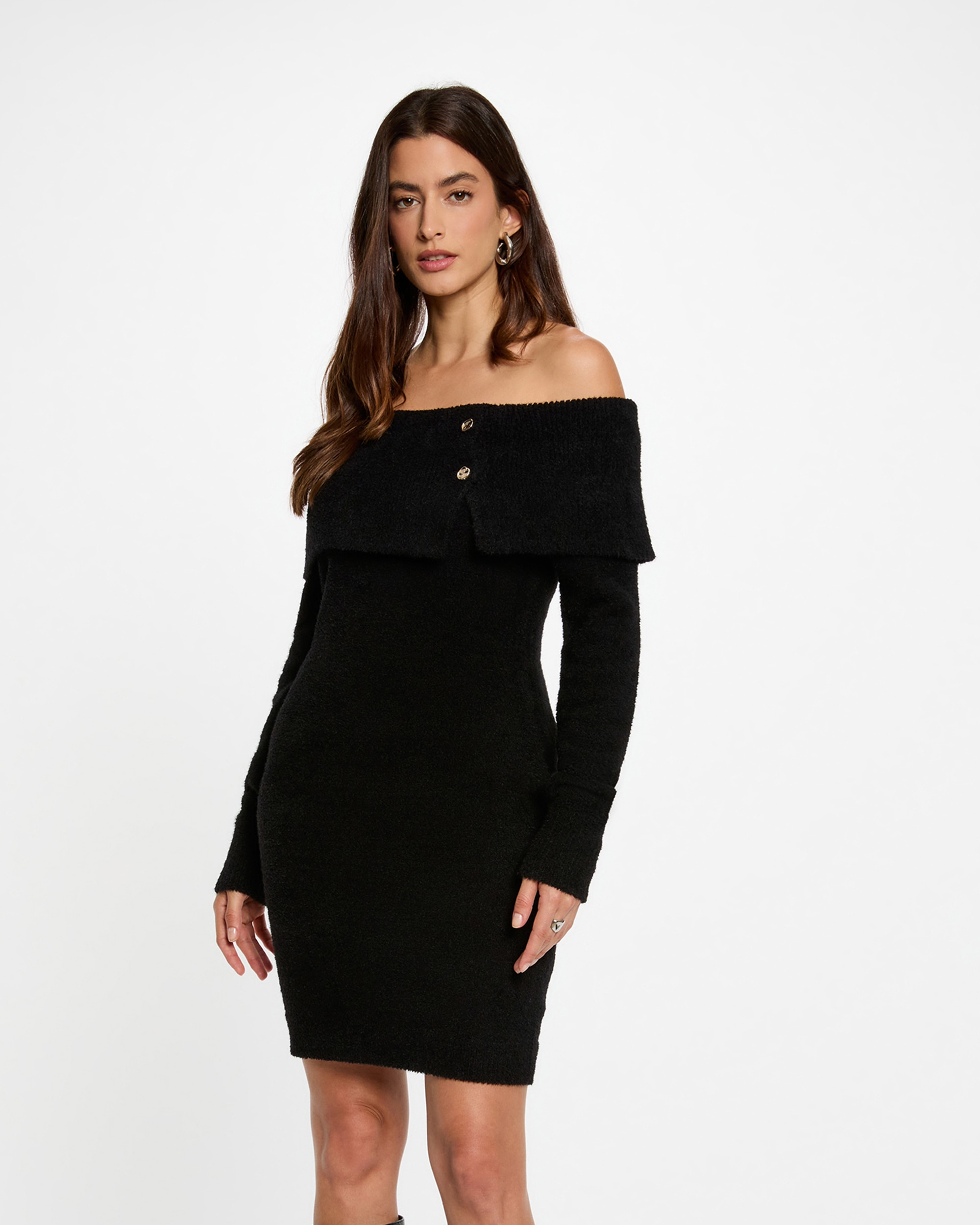 Vestido Curto com Gola Bardot Preto-1