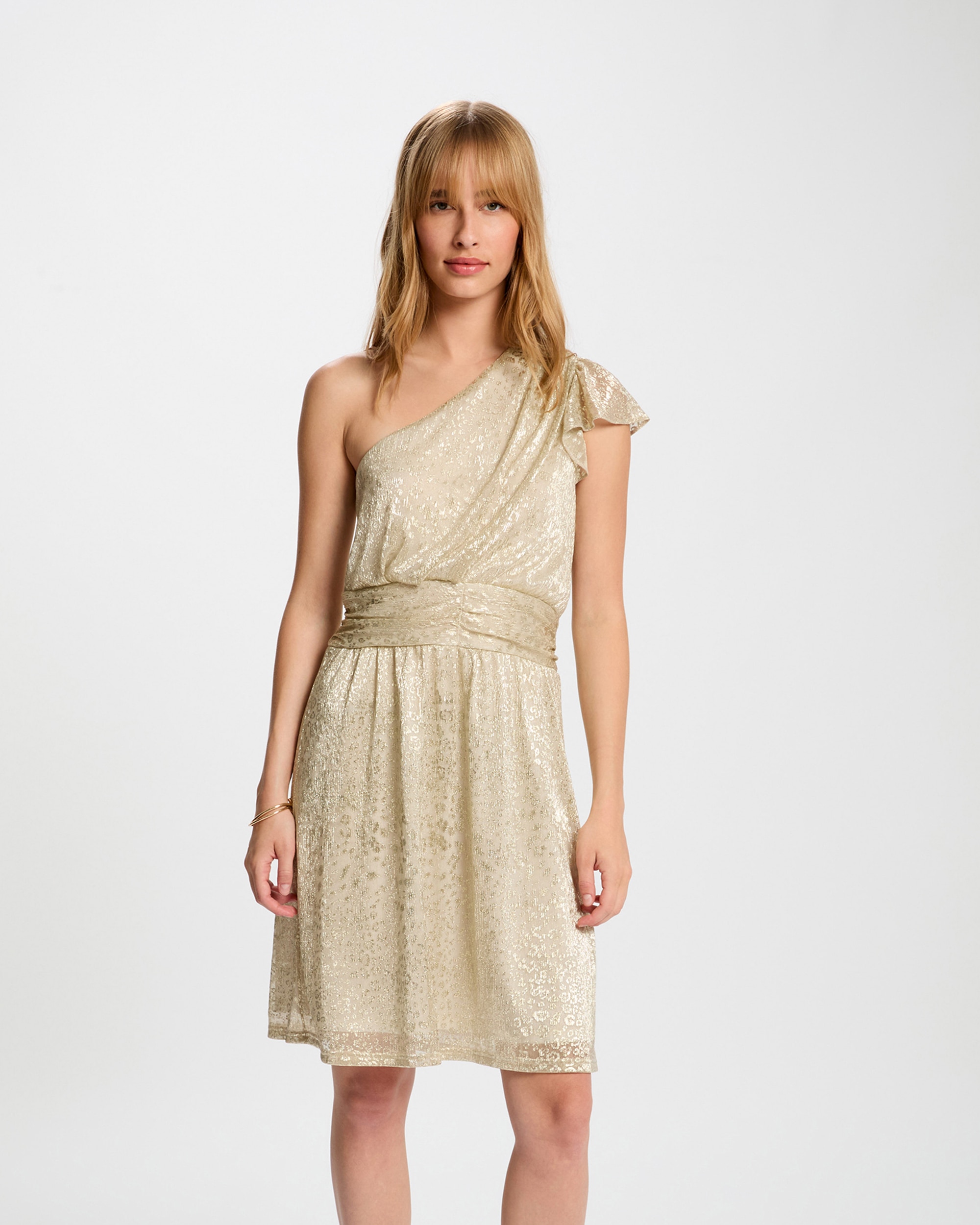 Vestido de Gase Assimétrico Ouro-1